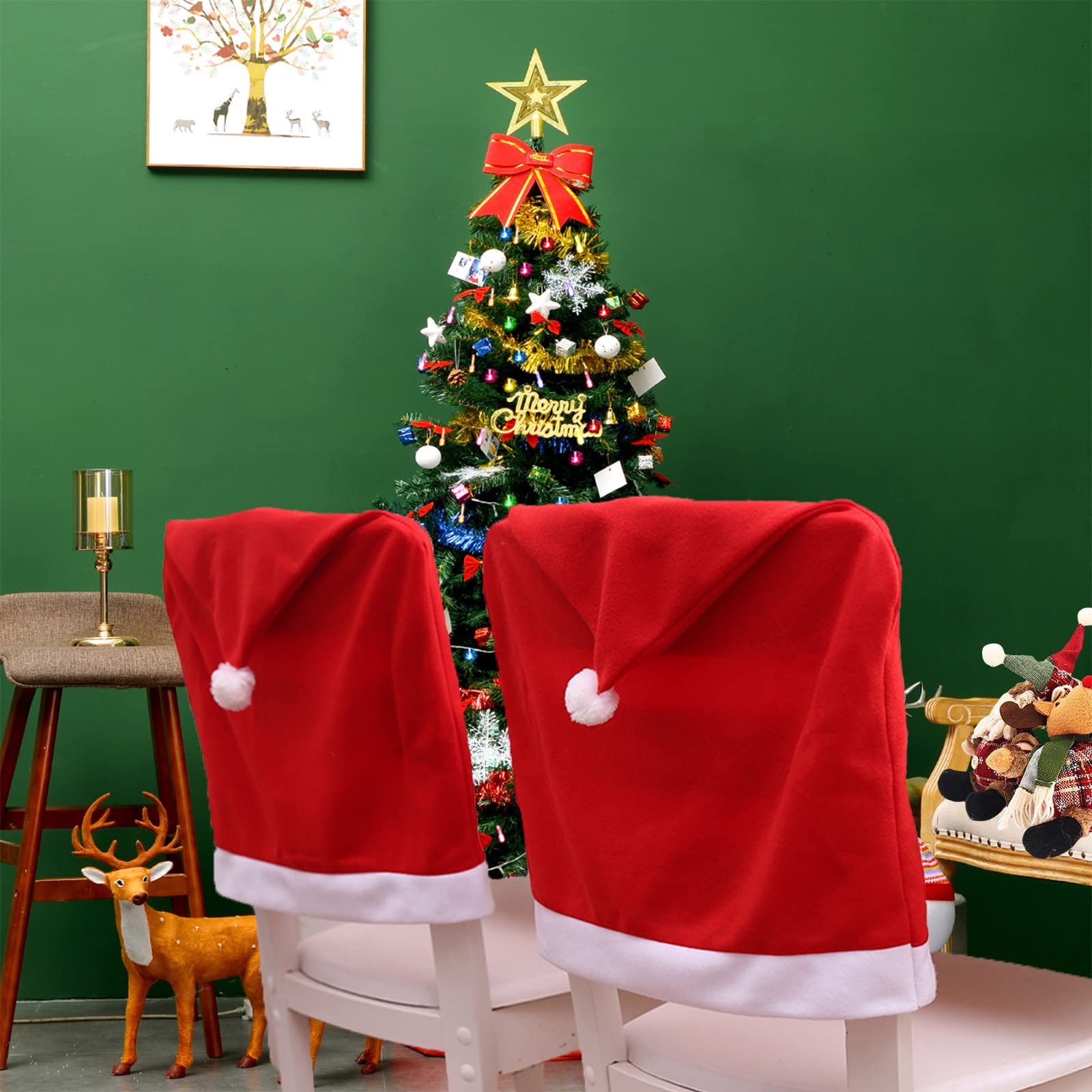 Qubjus 4-Piece Christmas Chair Covers Set - Santa Claus Red Hat Slipcovers for Dining & Kitchen Chairs | Holiday Decor for Home, Hotel & Party | Festive Xmas Table Setting & Dinner Decoration