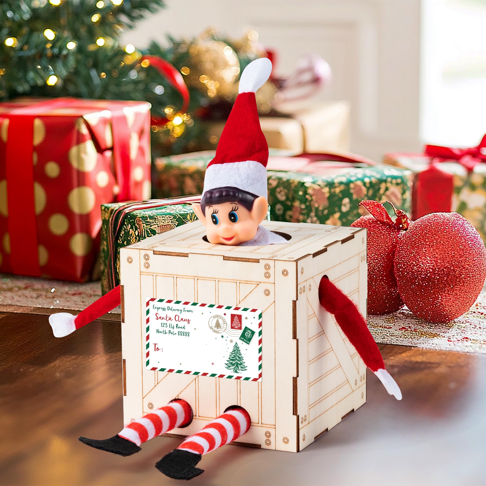 Christmas Elf Crate with Gift Card - Wooden Elf Holder for Kids - Perfect for Santa's Elf Delivery & Holiday Gifts