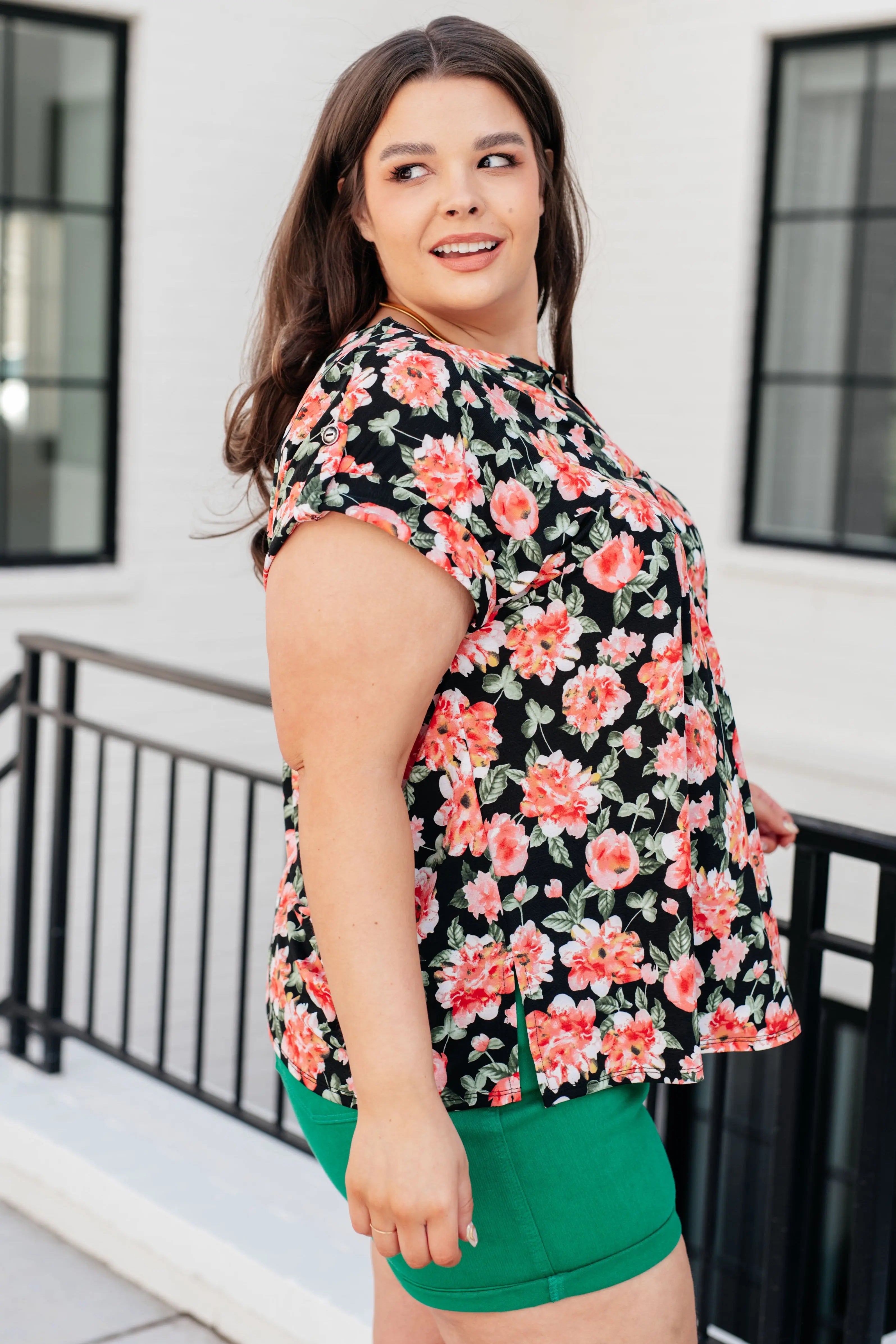 Lizzy Cap Sleeve Women's Blouse - Floral Print Black & Coral Top for Casual Wear, Office, and Date Night Outfits