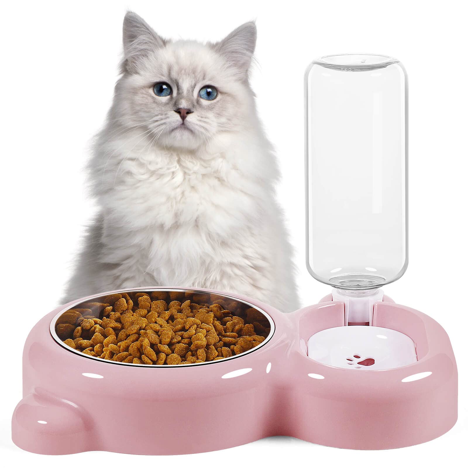 Stainless Steel Cat and Small Dog Bowls Set with Water Dispenser - Non-Slip Pet Food and Water Dishes for Indoor/Outdoor Use - Pink (Perfect for Home, Travel, and Outdoor Adventures)