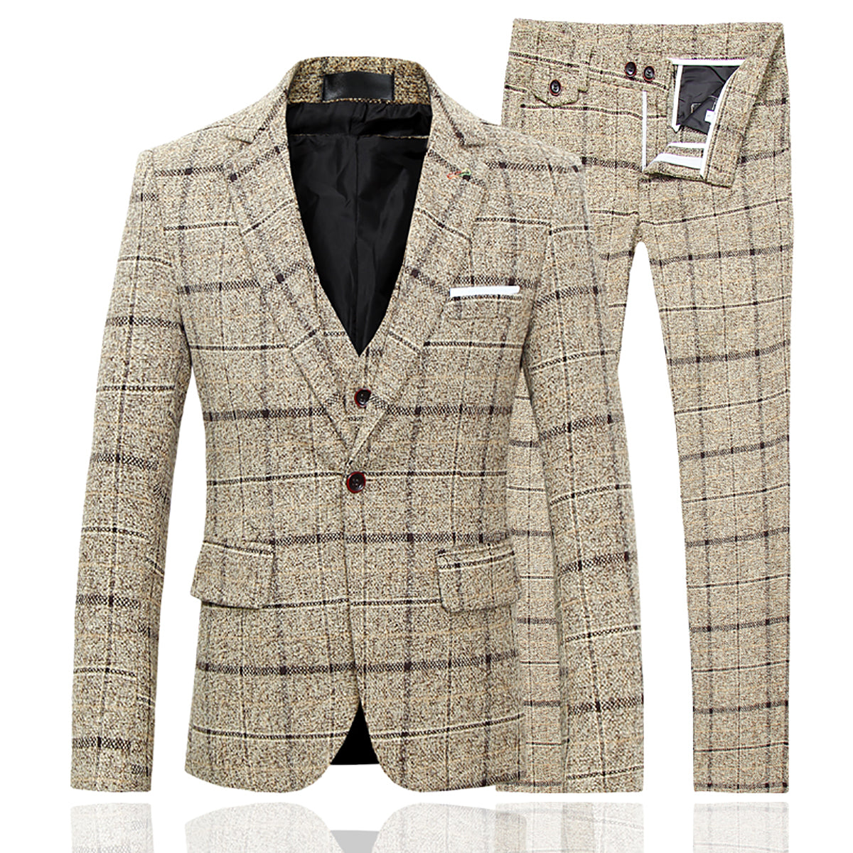 Men's Beige Plaid One-Button Wool 3-Piece Suit | Formal Business Attire for Weddings, Office & Special Occasions