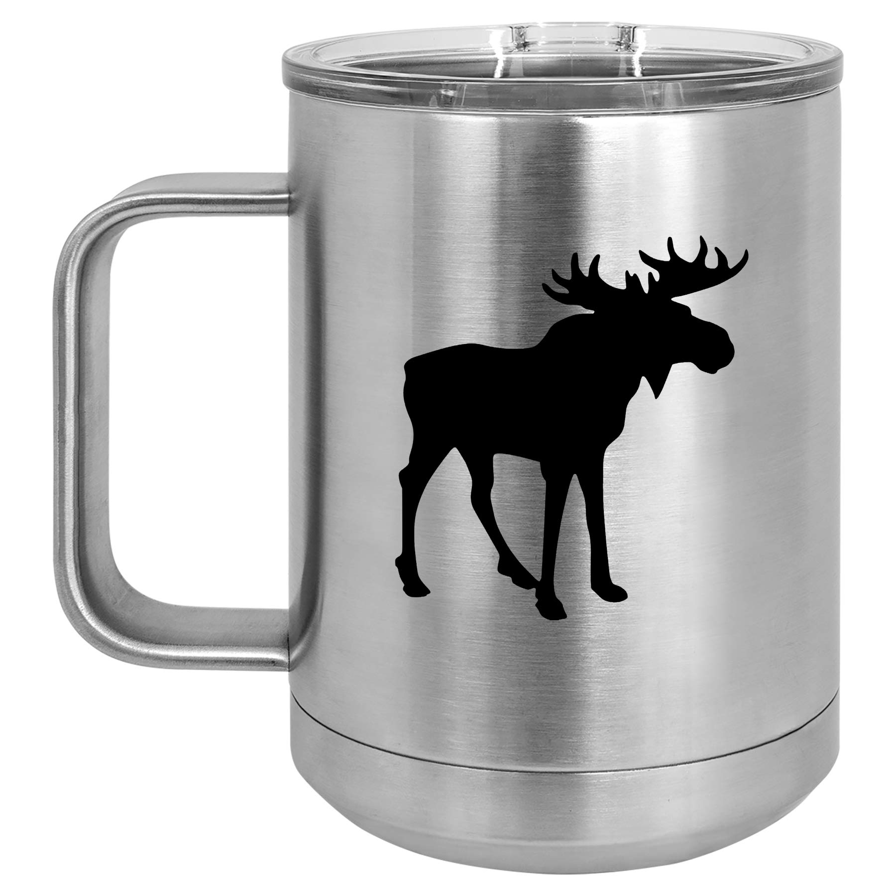 15 oz Vacuum Insulated Stainless Steel Tumbler with Handle & Lid - Leakproof Travel Coffee Mug for Hot & Cold Drinks - Perfect for Camping, Office Commute & Outdoor Adventures (Silver Moose Design)