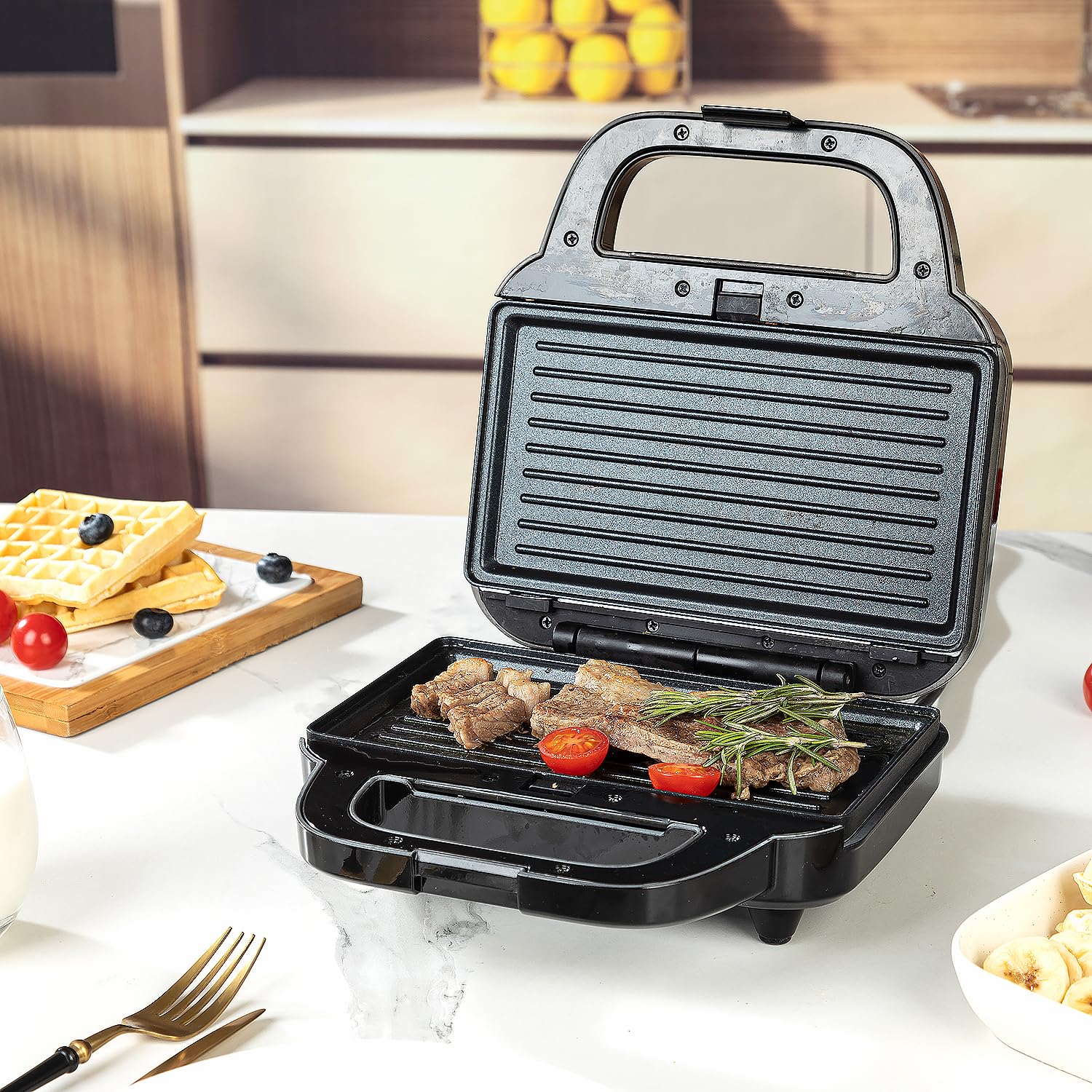 Samoris 3-in-1 Sandwich Maker & Waffle Iron with 6-Slice Non-Stick Removable Plates - 870W Electric Grill for Grilled Cheese, Burgers, Steaks & Tuna Melts - Easy to Clean Indoor Cooking Appliance (Black/Silver) - Perfect for Breakfast, Camping & Small Kitchen Spaces