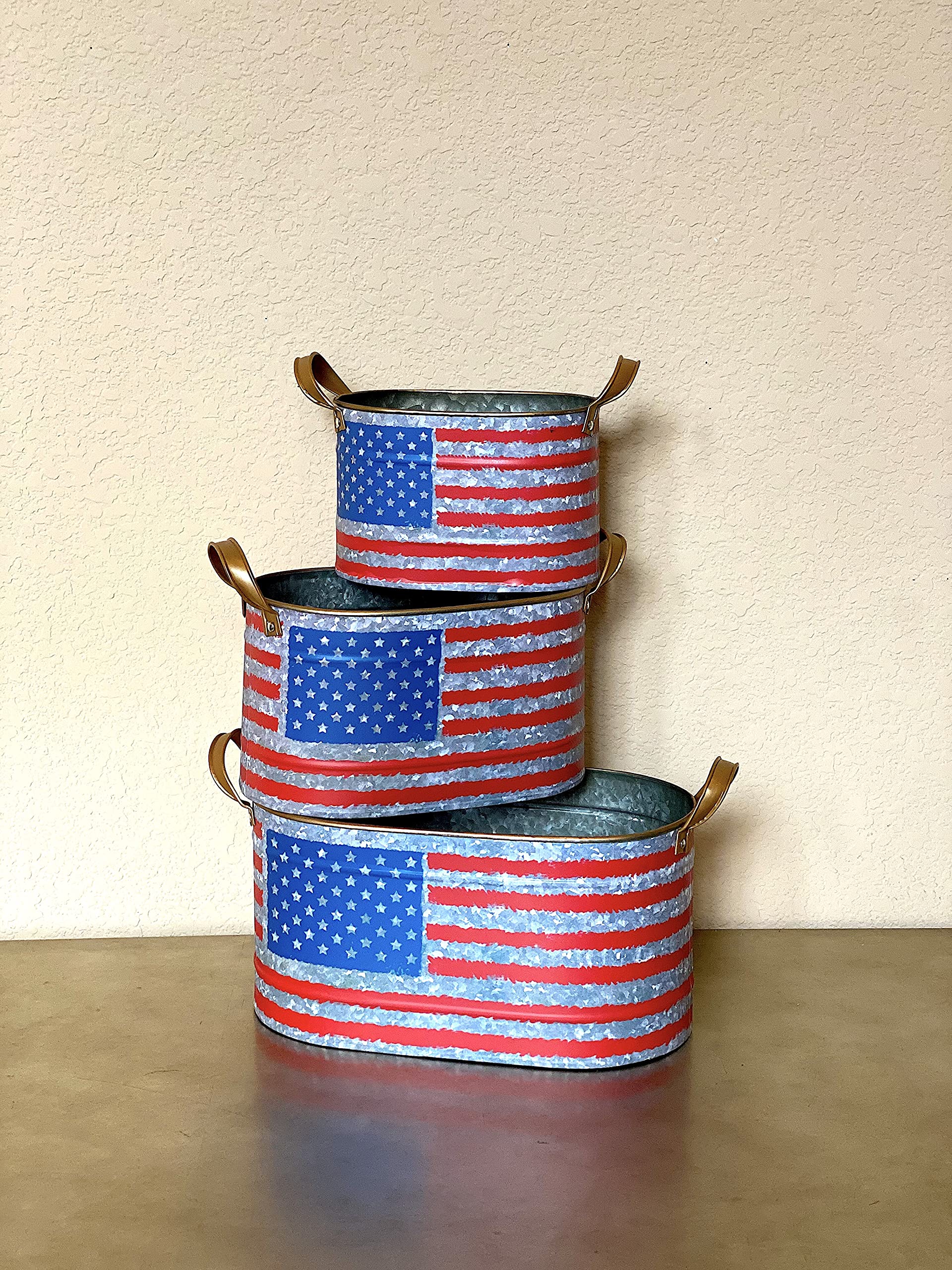 Distressed Metal Buckets with American Flag USA Design - Rustic Kitchen, Pantry, Bathroom & Garden Planter Organizer - Perfect for Home Decor, Storage & Outdoor Planting