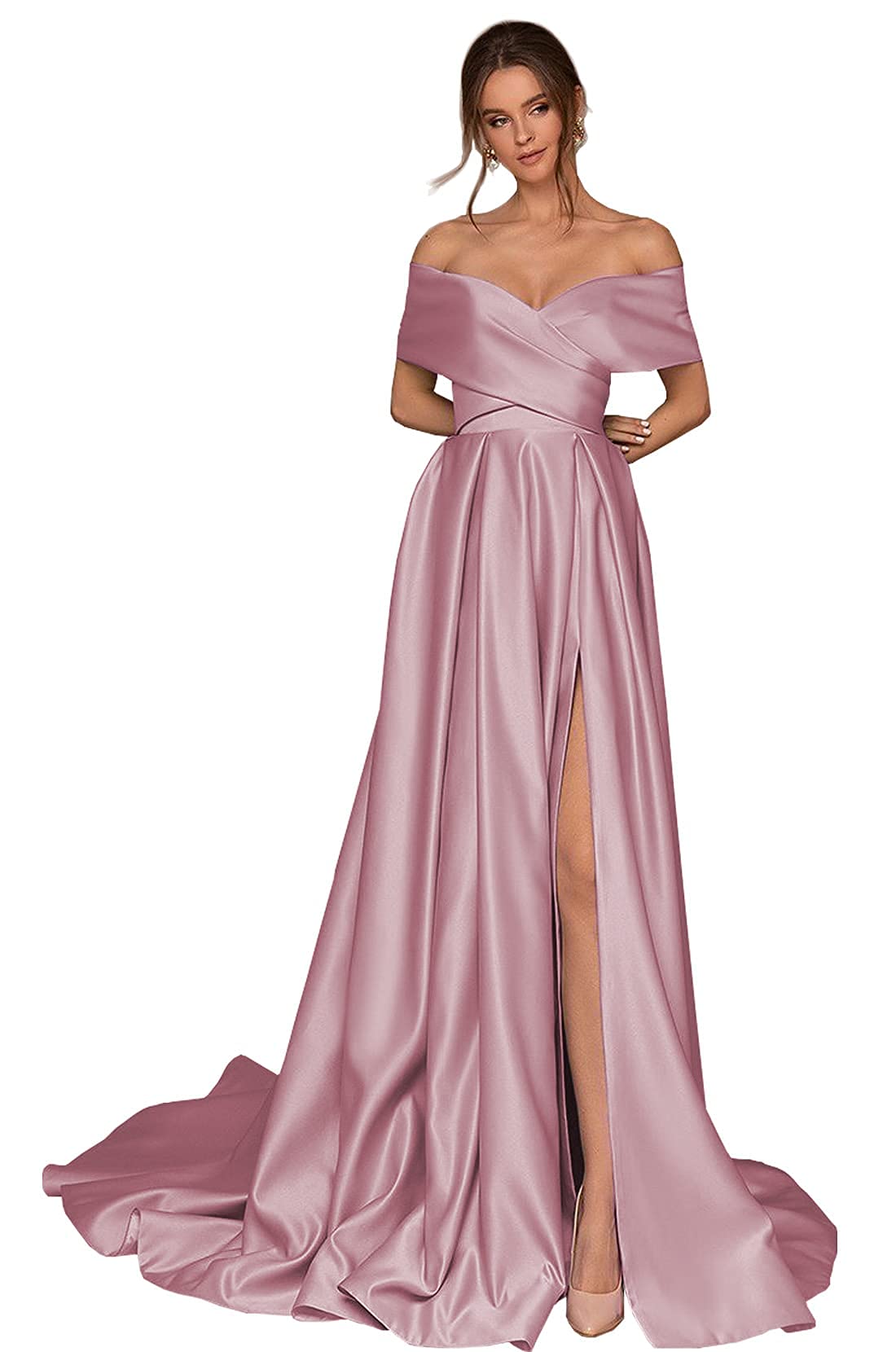 ZMOVQA Women's Off The Shoulder Satin Prom Dress with Slit | A-Line Corset Back Long Formal Evening Gown | Perfect for Homecoming, Wedding Guest, Cocktail Party & Special Occasions