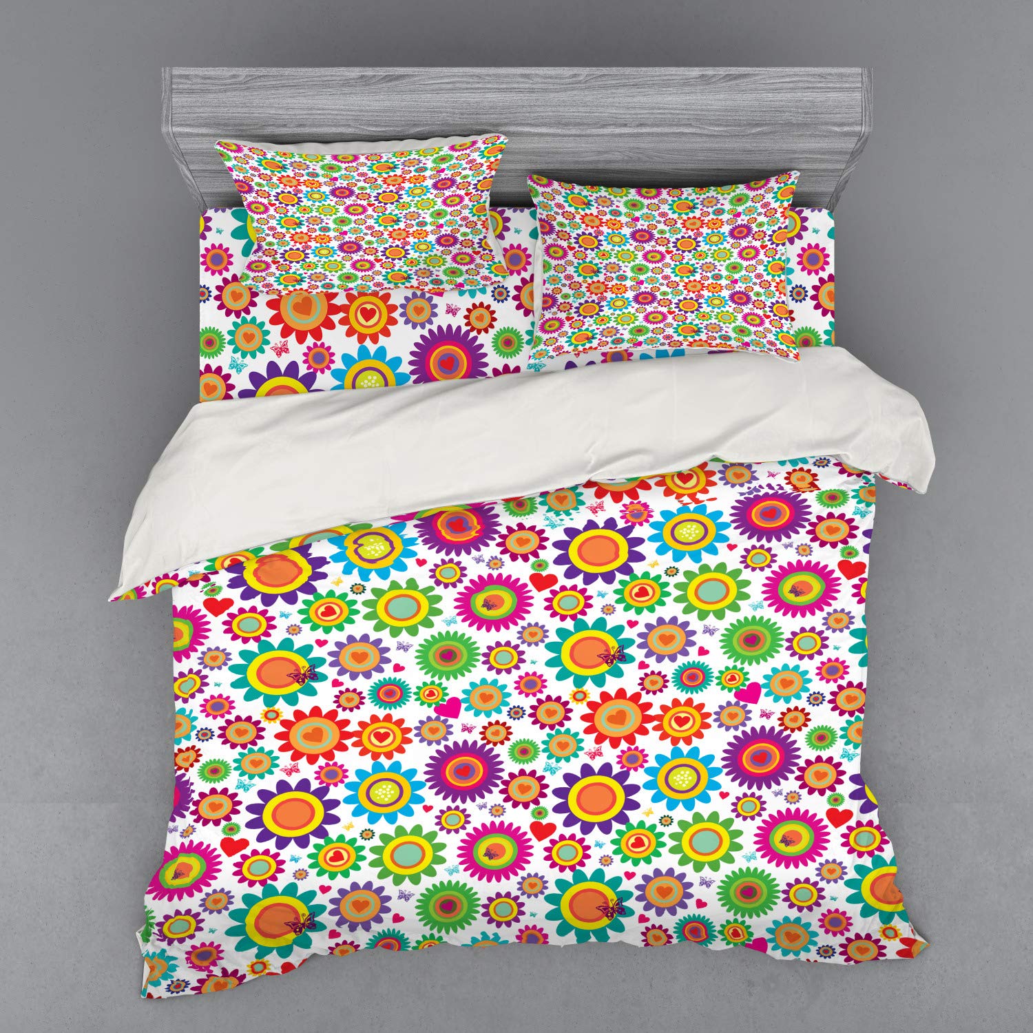 Ambesonne Easter Duvet Cover Set - King Size 4-Piece Bedding with Shams & Fitted Sheet, Colorful Chamomile Flowers & Hearts Nature Design - Perfect for Spring Decor, Guest Room Makeovers & Cozy Bedroom Refresh