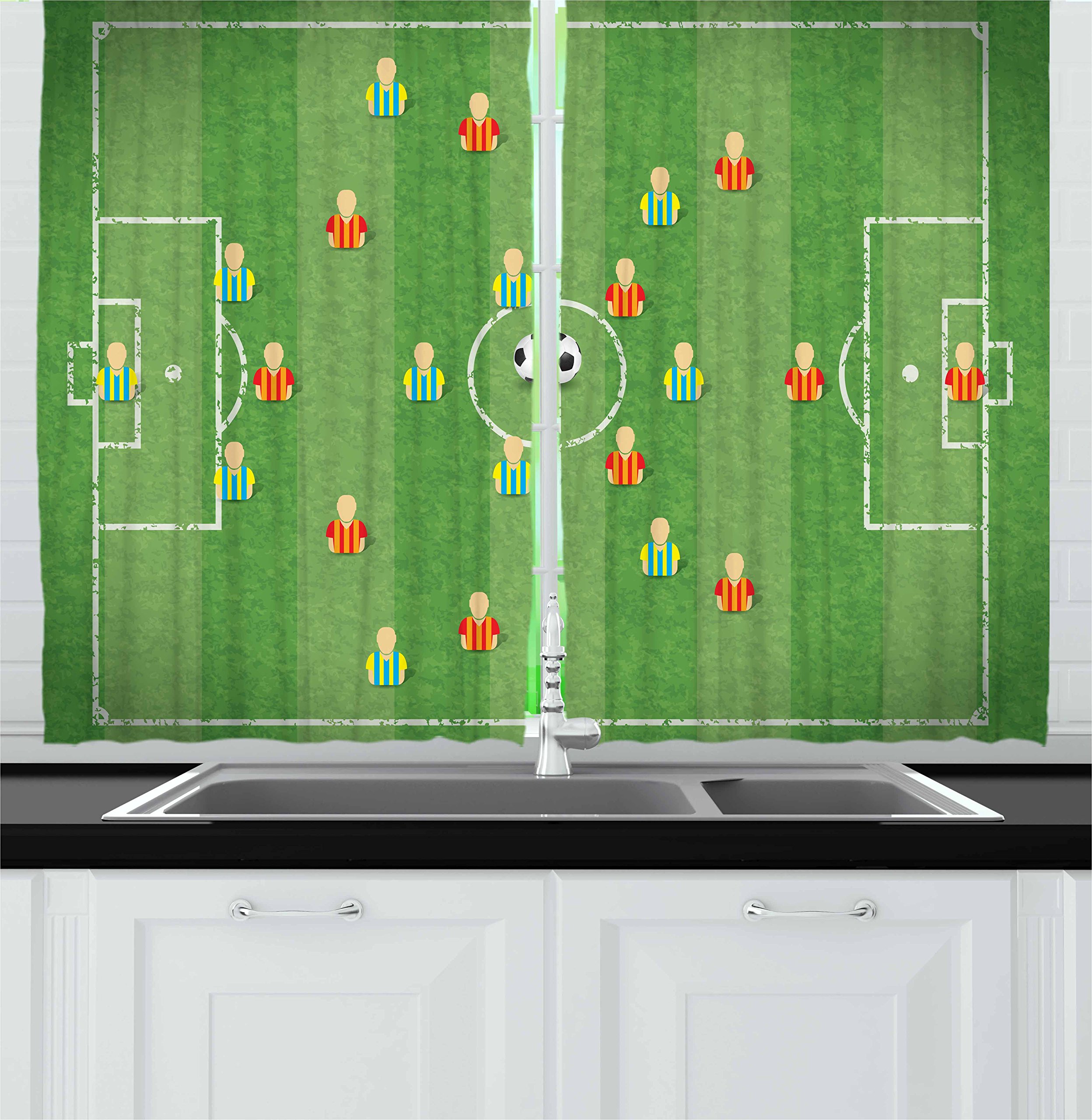 Ambesonne Soccer Themed Kitchen Curtains Set of 2 - Soccer Formation Tactics with Goalkeeper, Strikers & Defenders Match Design - 55