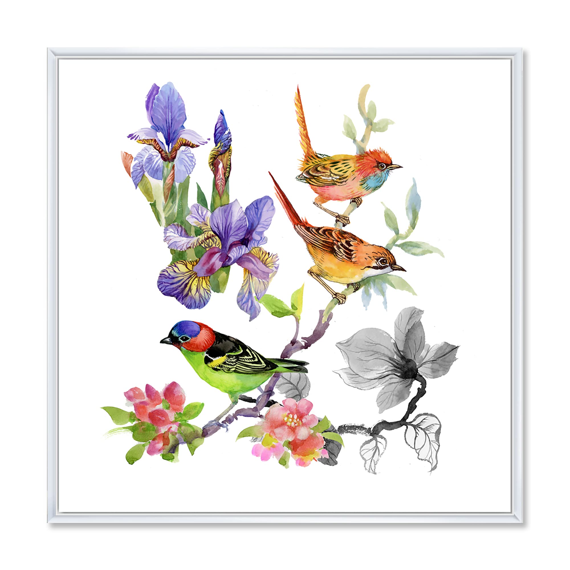 DesignQ Tropical Flowers and Colorful Birds I - Traditional Framed Canvas Wall Art Print for Living Room, Bedroom & Office Decor