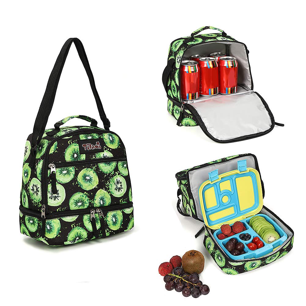 Tilami Insulated Lunch Bag with Adjustable Strap & Zipper - 2 Compartment Cooler Bag for Kids & Toddlers - Perfect for School, Picnics & Outdoor Activities (Kiwi Design)