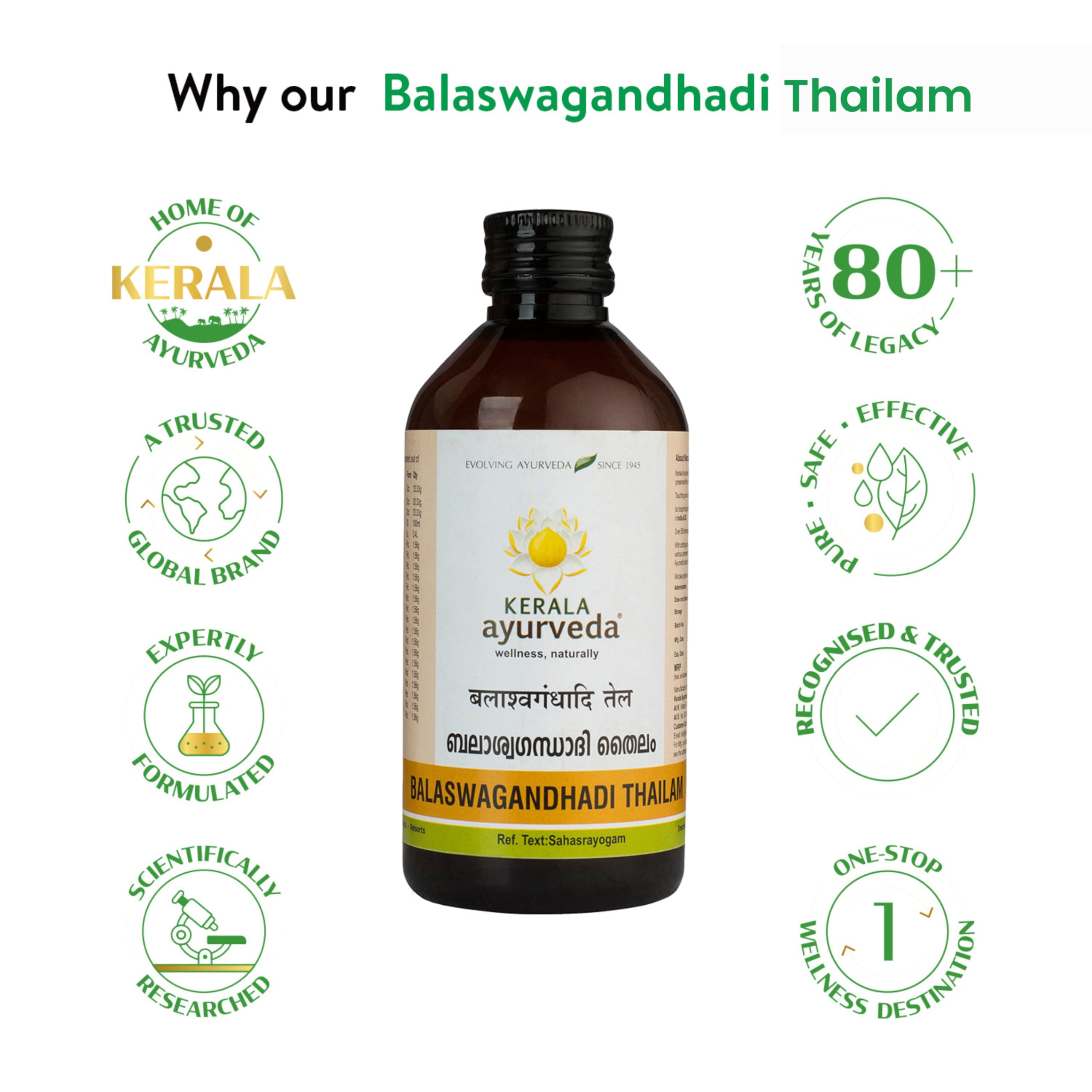 Kerala Ayurveda Balaswagandhadi Thailam - Organic Ayurvedic Massage Oil with Ashwagandha for Body & Mind - Vata Pitta Balancing, Muscle Toning, Stress Relief - 6.76 Fl Oz for Relaxation, Yoga & Holistic Wellness