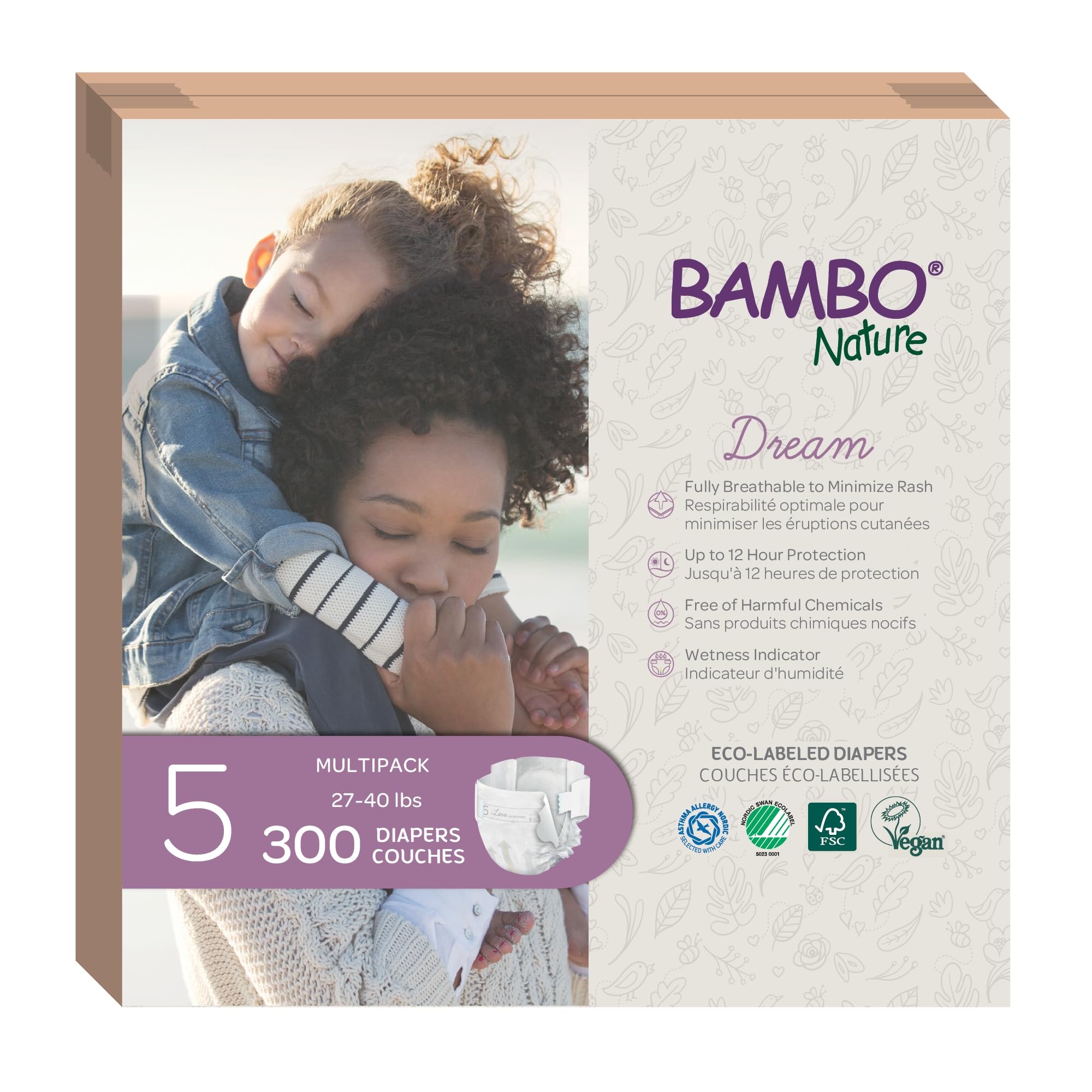 Bambo Nature Hypoallergenic Baby Diapers Size 5 (300 Count) - Eco-Friendly, Chlorine-Free, Super Absorbent with Leak Protection | Gentle on Sensitive Skin | Perfect for Overnight Use & Active Babies