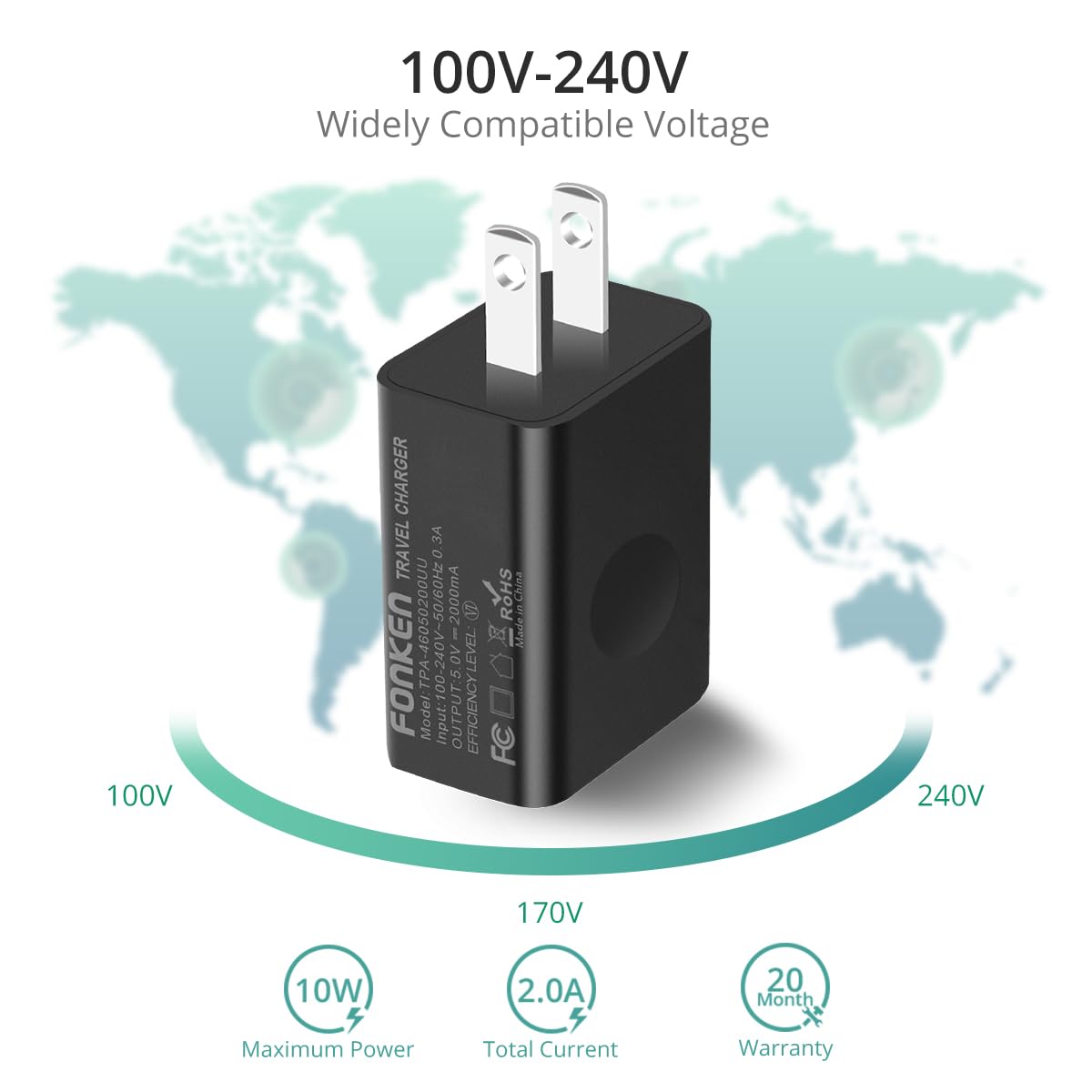 FONKEN 5V 2A USB Wall Charger - Fast Universal Travel Power Adapter for iPhone, iPad, Samsung, Google Nexus, LG, Moto | Compact Cube Design for Home, Office & Travel Charging