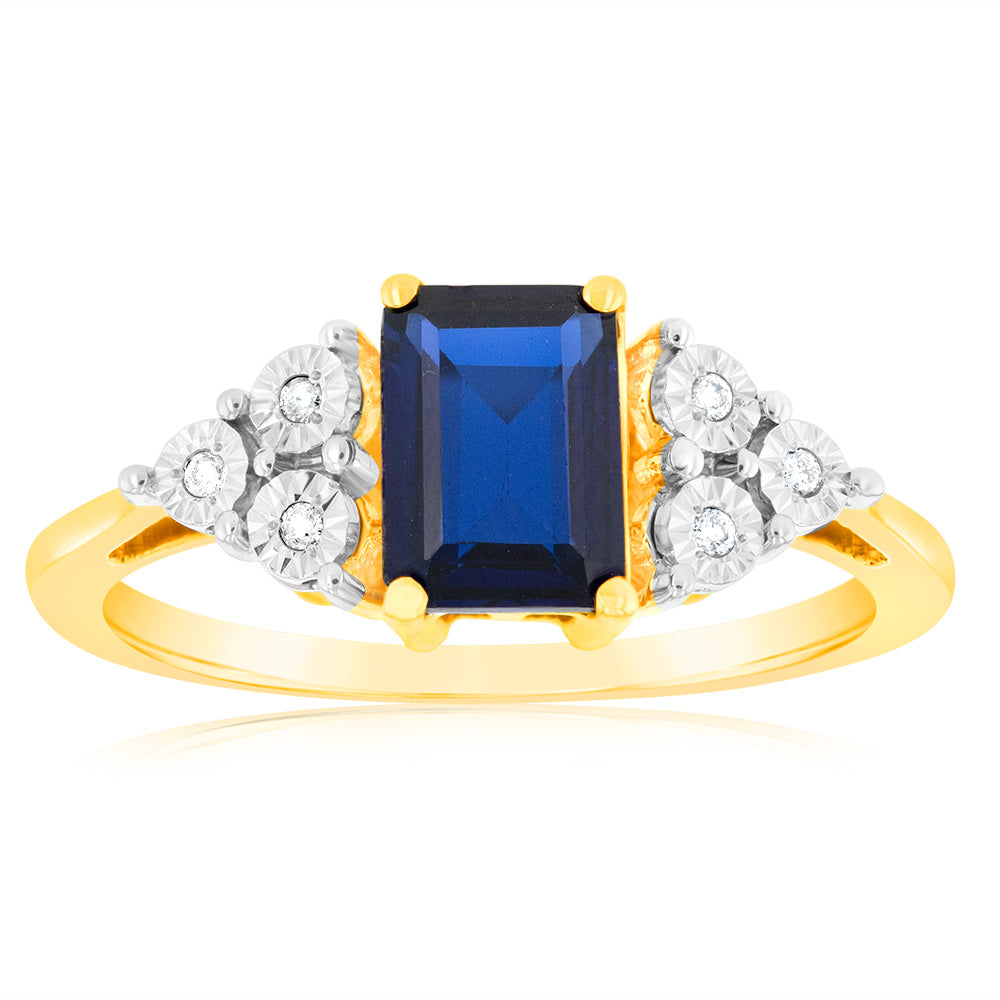 9ct Yellow Gold 7mm Created Sapphire and Diamond Ring for Women - Elegant Engagement, Wedding, Anniversary Gift - Perfect for Special Occasions