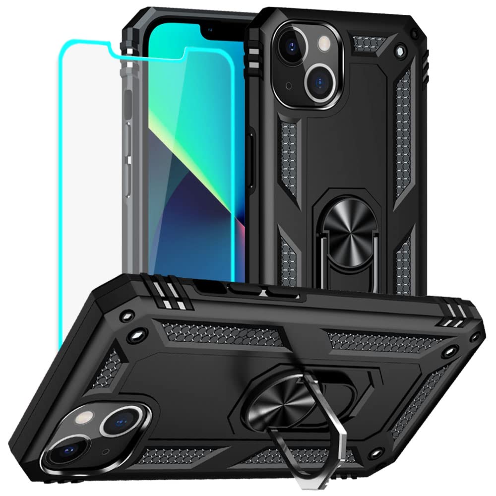 Yiakeng Military Grade Protective Case with Ring & HD Screen Protector for iPhone 13 - Shockproof, Drop Protection | Perfect for Outdoor Activities, Travel & Daily Use (Black)