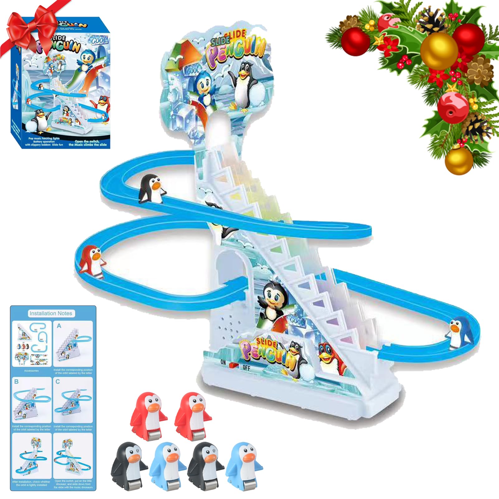 Penguin Race Track Game Set with Colorful LED Lights & Fun Sounds - Interactive Roller Coaster Toy for Toddlers (6 Penguins) - Perfect for Birthday Gifts, Preschool Learning & Family Game Nights