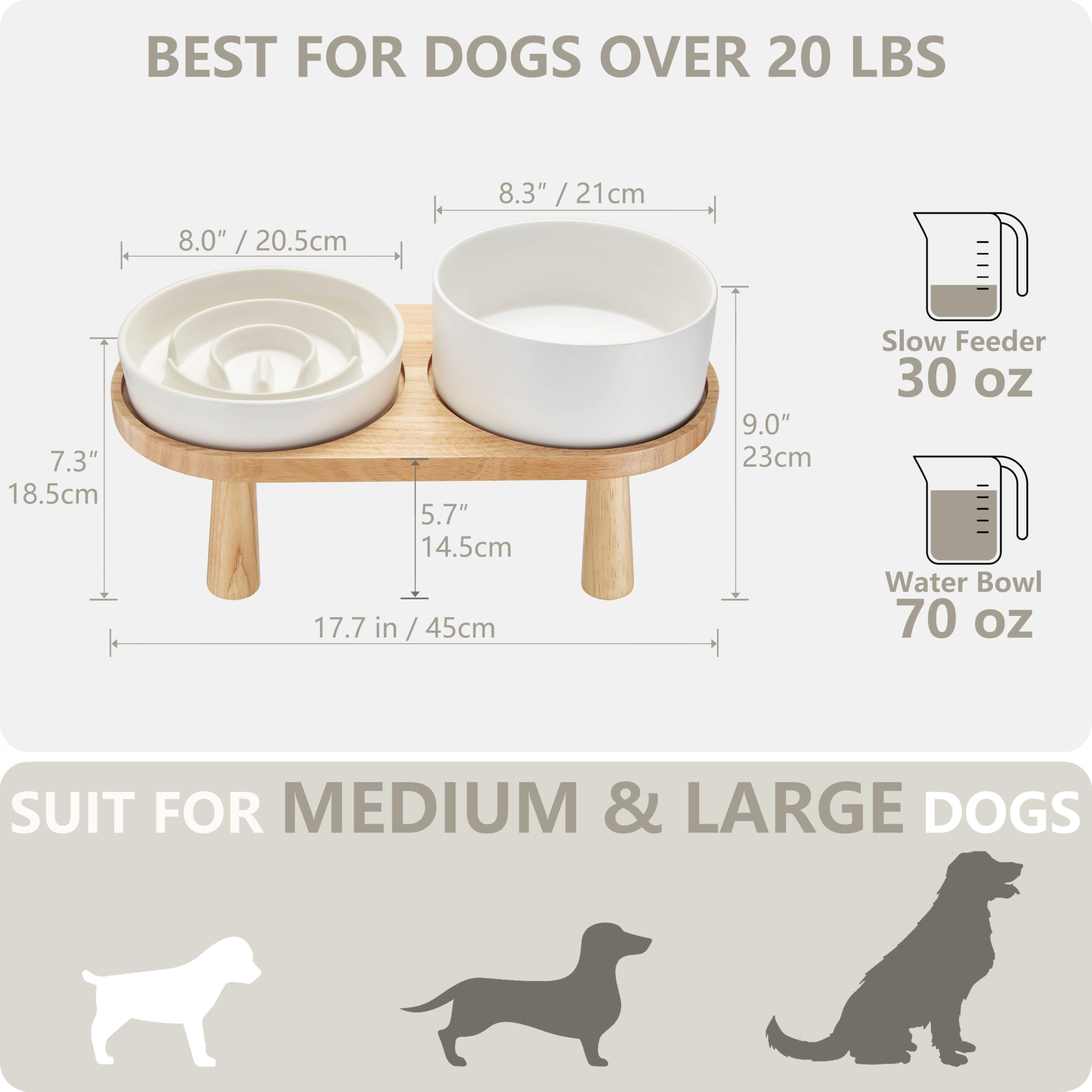 Ceramic Slow Feeder & Elevated Water Bowl Set for Medium & Large Dogs - 30oz Anti-Choke Food Bowl & 70oz Water Dish with Wooden Stand - Perfect for Mealtime & Hydration - Ideal for Fast Eaters & Home Use
