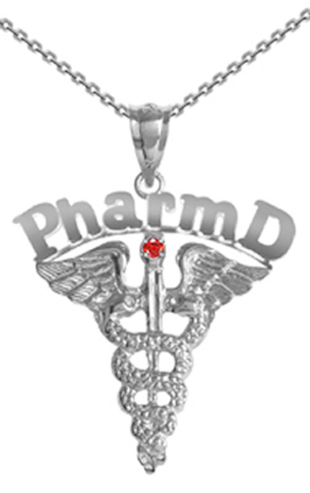 Pharm D Charm Necklace with Ruby for Pharmacists - Silver Nursing Pin Jewelry Gift for Graduation, Appreciation & Professional Pride