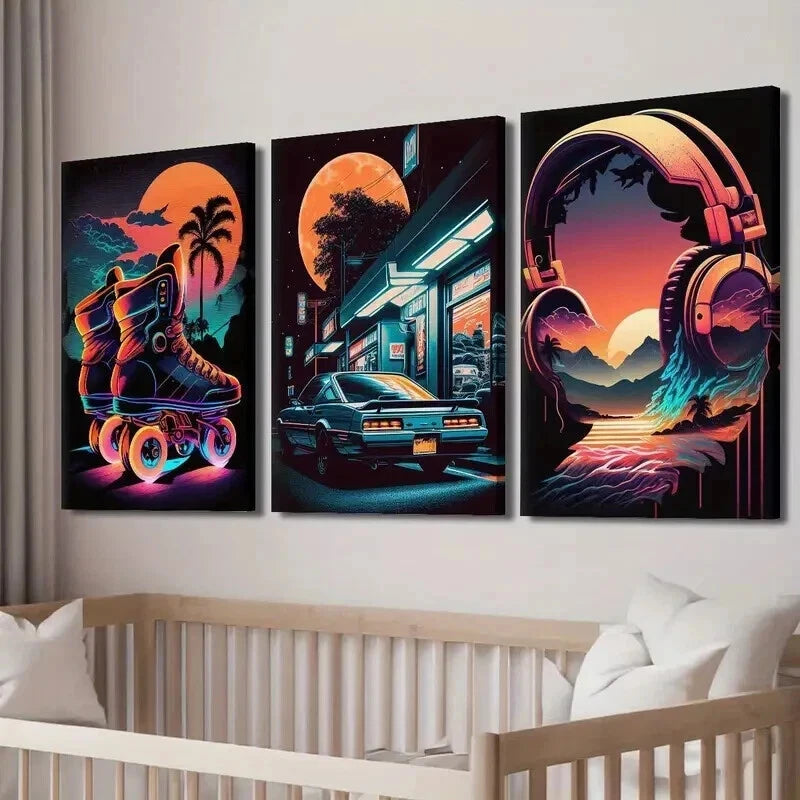 3-Piece 80s Retro Synthwave & Cyberpunk Car Wall Art Set - 60x90cm Framed Canvas Prints | High Quality Australian Made Wall Decor | Ready to Hang | Perfect for Man Cave, Gaming Room & Retro Office Decor
