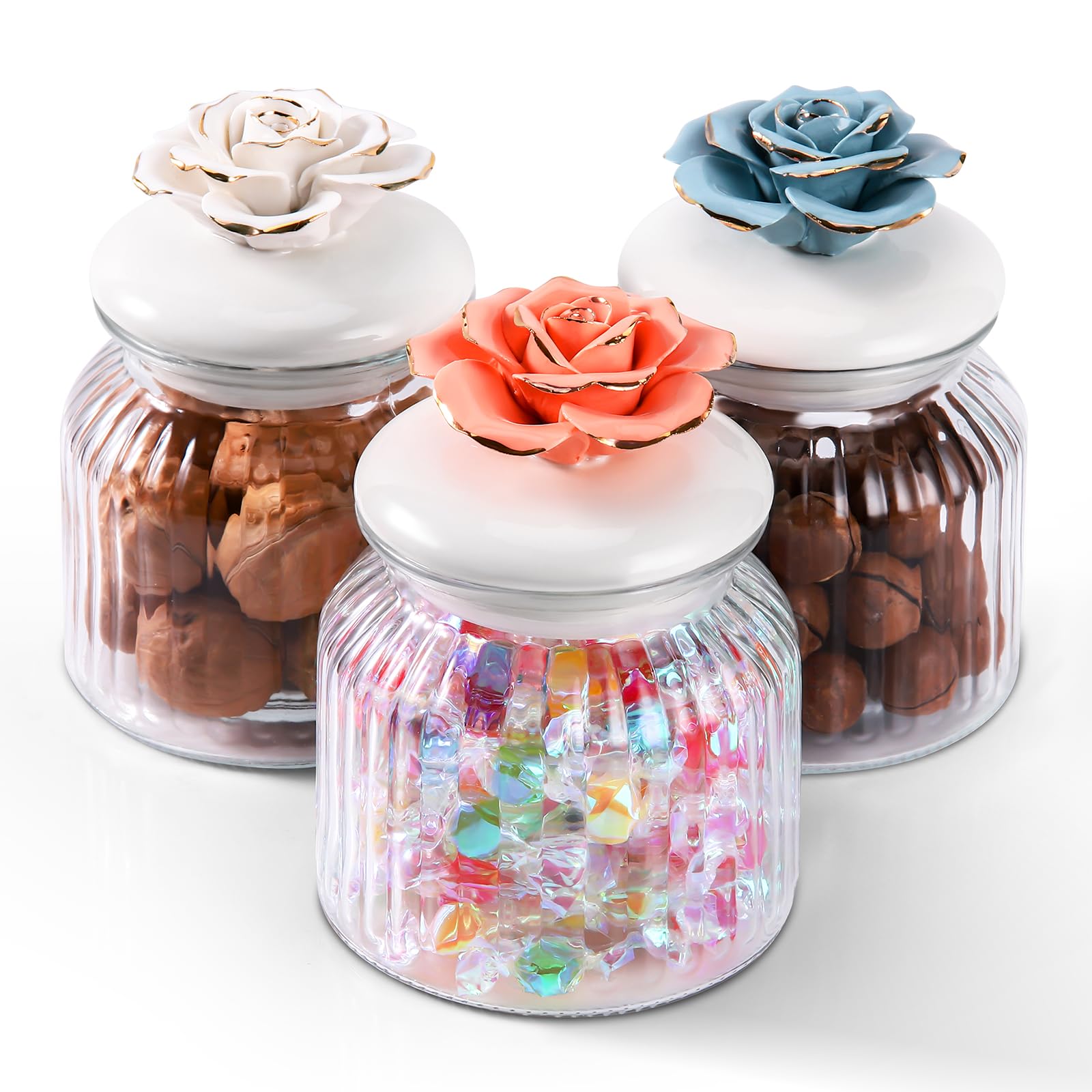 Handmade Glass Jars with Airtight Ceramic Lids - Porcelain Rose Design Food Storage Containers for Kitchen, Coffee, Tea, Sugar & Candy - Blue Rose Decorative Canisters (Set of 2) - Perfect for Pantry Organization & Home Decor
