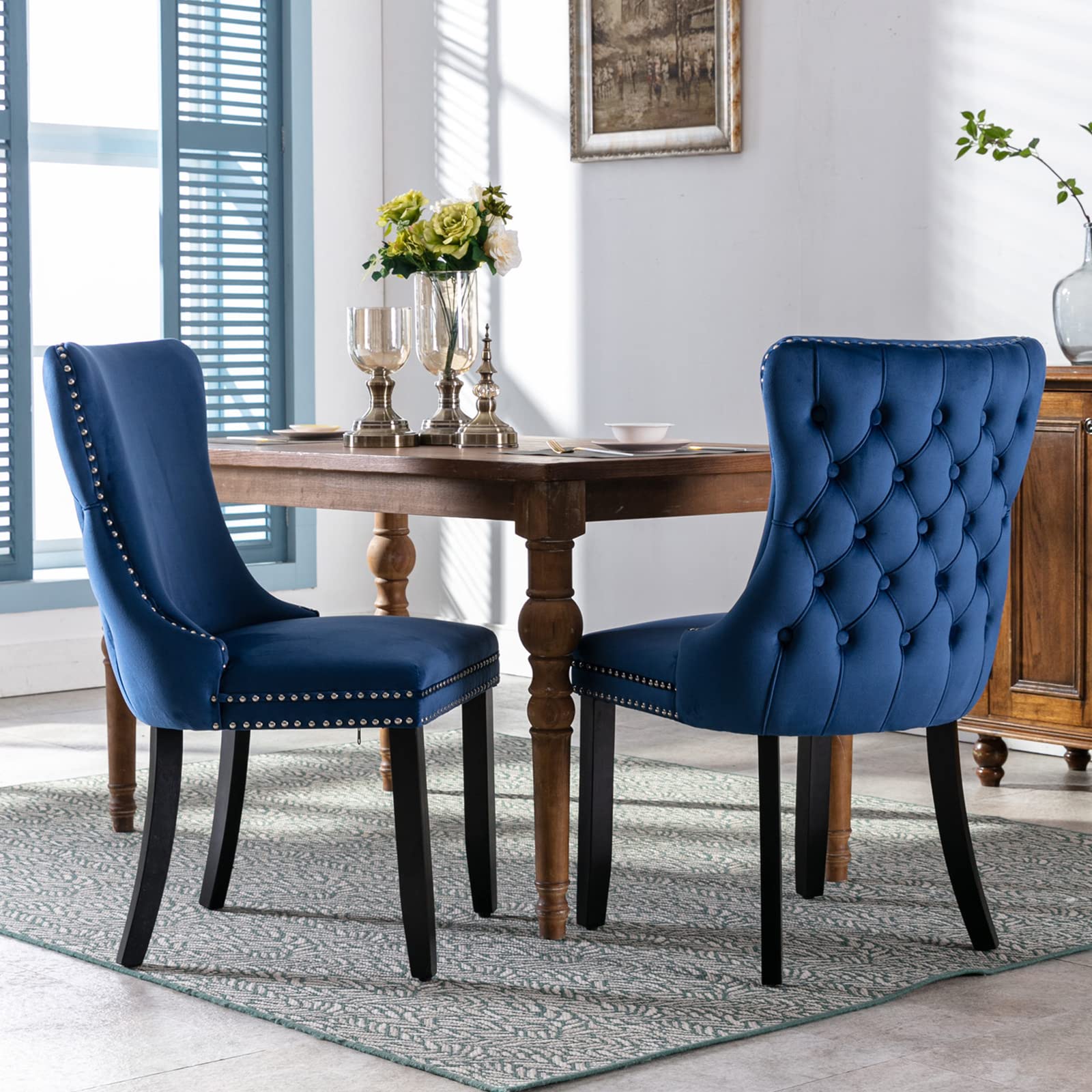 GNIXUU Velvet Dining Chairs Set of 2 - Upholstered Tufted Modern Kitchen Chairs with Nailhead Trim, Tall Back Comfortable Accent Side Chairs for Dining Room, Bedroom, Living Room (Blue) - Perfect for Small Spaces, Breakfast Nooks & Home Decor