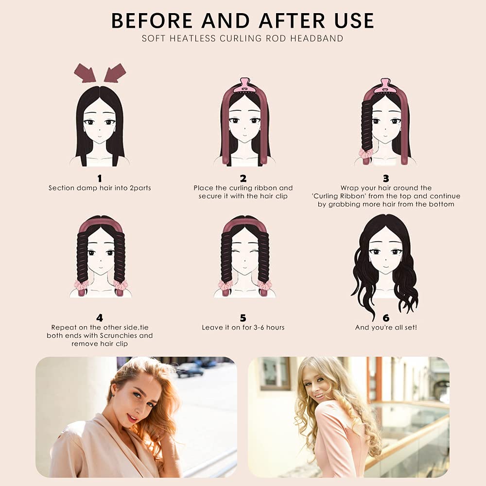 TutorLSHOP Heatless Hair Curlers for Women - No Heat Silk Curling Headband with Soft Foam, Flexi Rods & Curling Ribbon - Natural Wavy Curls for Long & Medium Hair - DIY Hair Styling Tools for Overnight Curls, Wedding, Party & Everyday Hairstyles