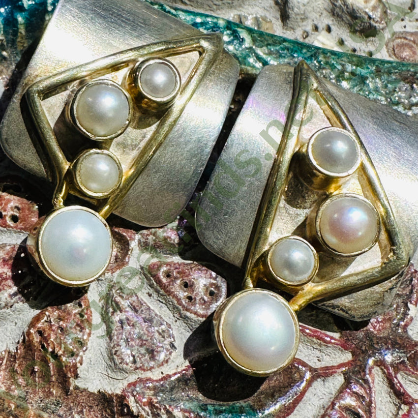 Vintage Artisan Sterling Silver Gold Plated Freshwater Pearl Pierced Earrings for Women - Elegant Dangle Drop Earrings for Wedding, Party & Special Occasions