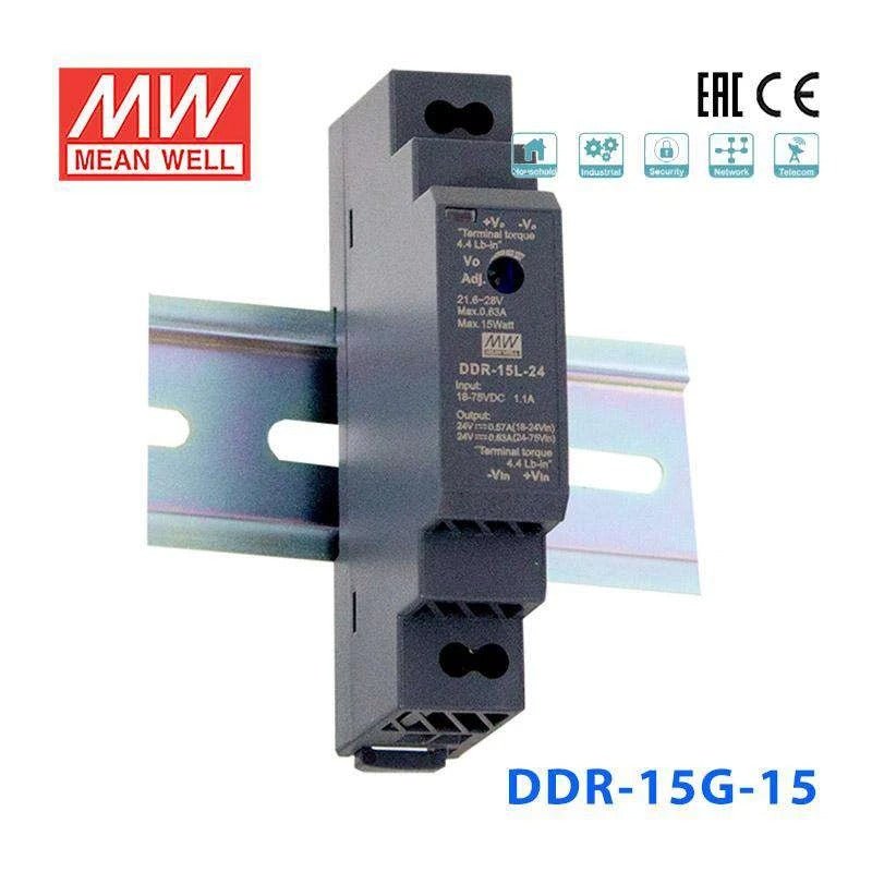Mean Well DDR-15G 15W DC-DC Converter - 9~36V Input to 15V Output - Power Supply for LED Strips, CCTV Cameras & Industrial Equipment