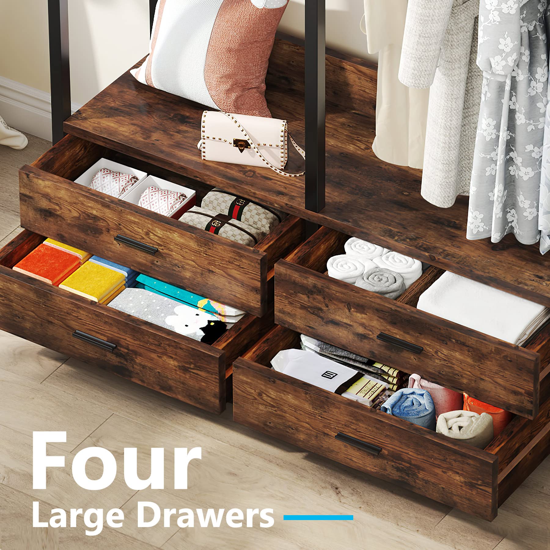 Tribesigns Heavy Duty Freestanding Closet Organizer - Garment Rack with 4 Drawers, 8 Hooks & Storage Shelves - Rustic Brown Wardrobe for Hanging Clothes - Perfect for Bedroom, Living Room & Walk-in Closet Organization
