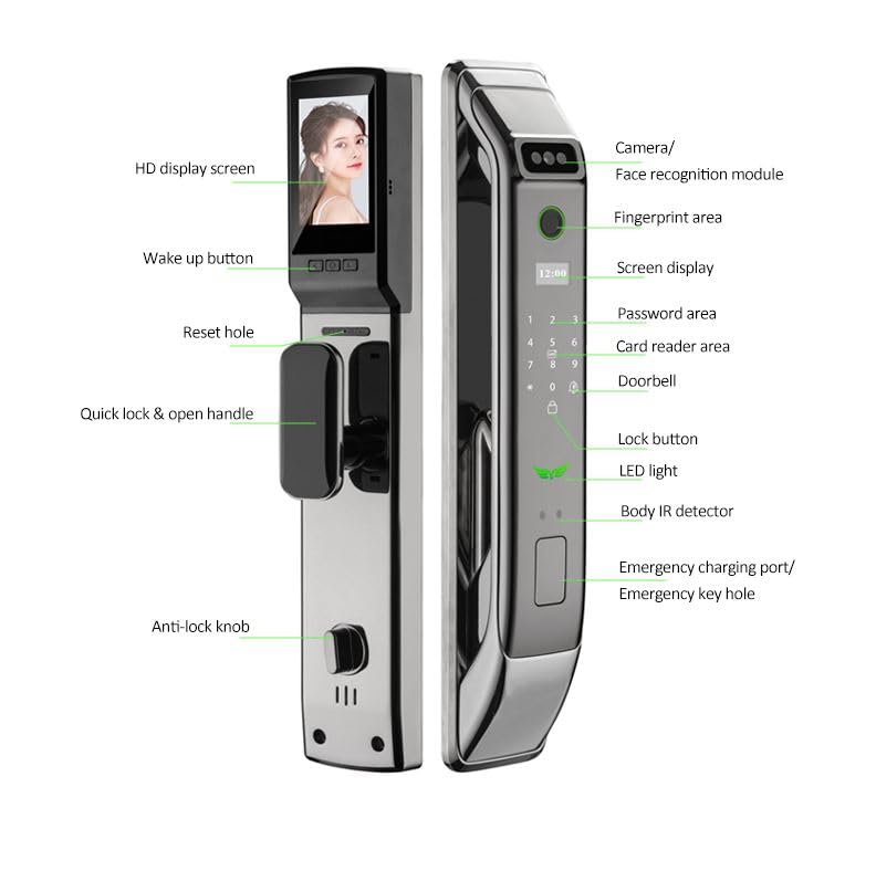 Smart Wi-Fi Door Lock with 3D Face Recognition, Fingerprint, Passcode, IC Card & Key - Video Doorbell & Intercom, Keyless Mortise Lock - USmart App Compatible for Home Security & Smart Access Control - Perfect for Apartments, Vacation Homes & Airbnb Rentals