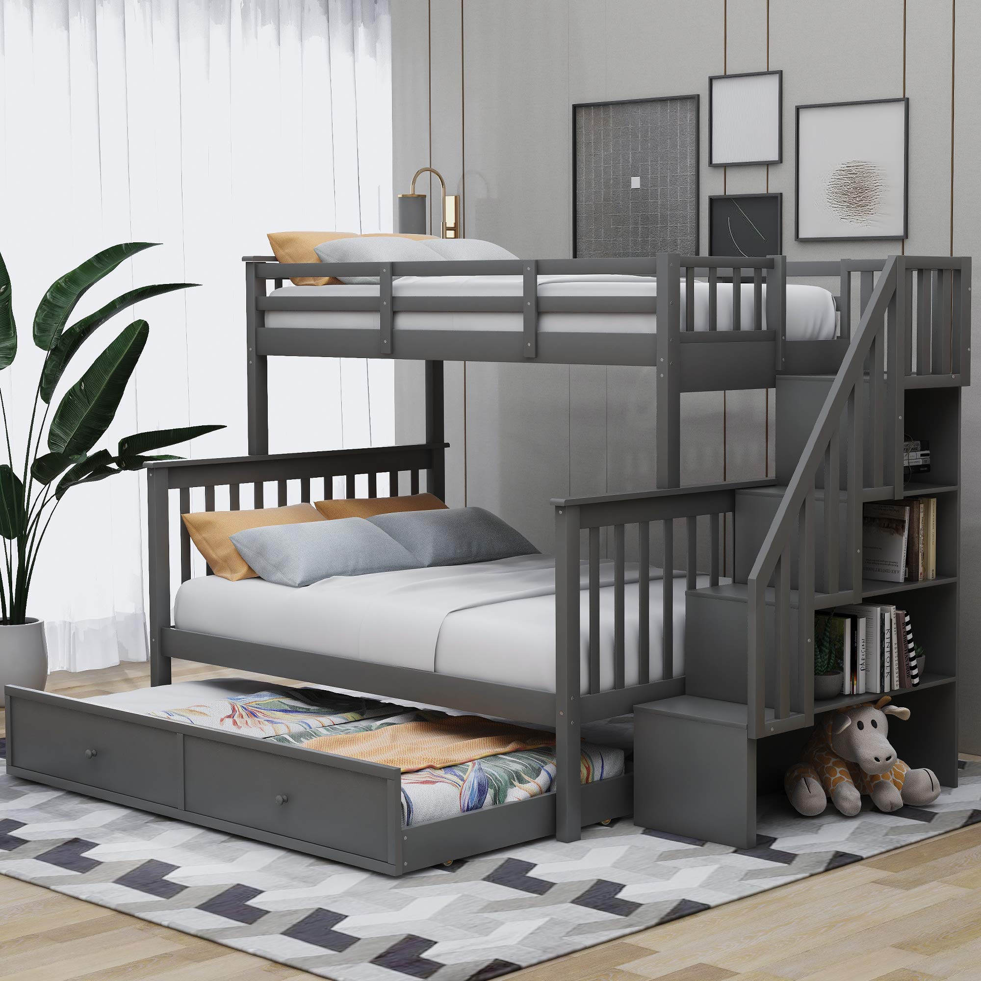 Wood Twin Over Full Bunk Bed with Trundle & Stairs - Convertible to 2 Beds for Kids' Bedroom & Guest Room
