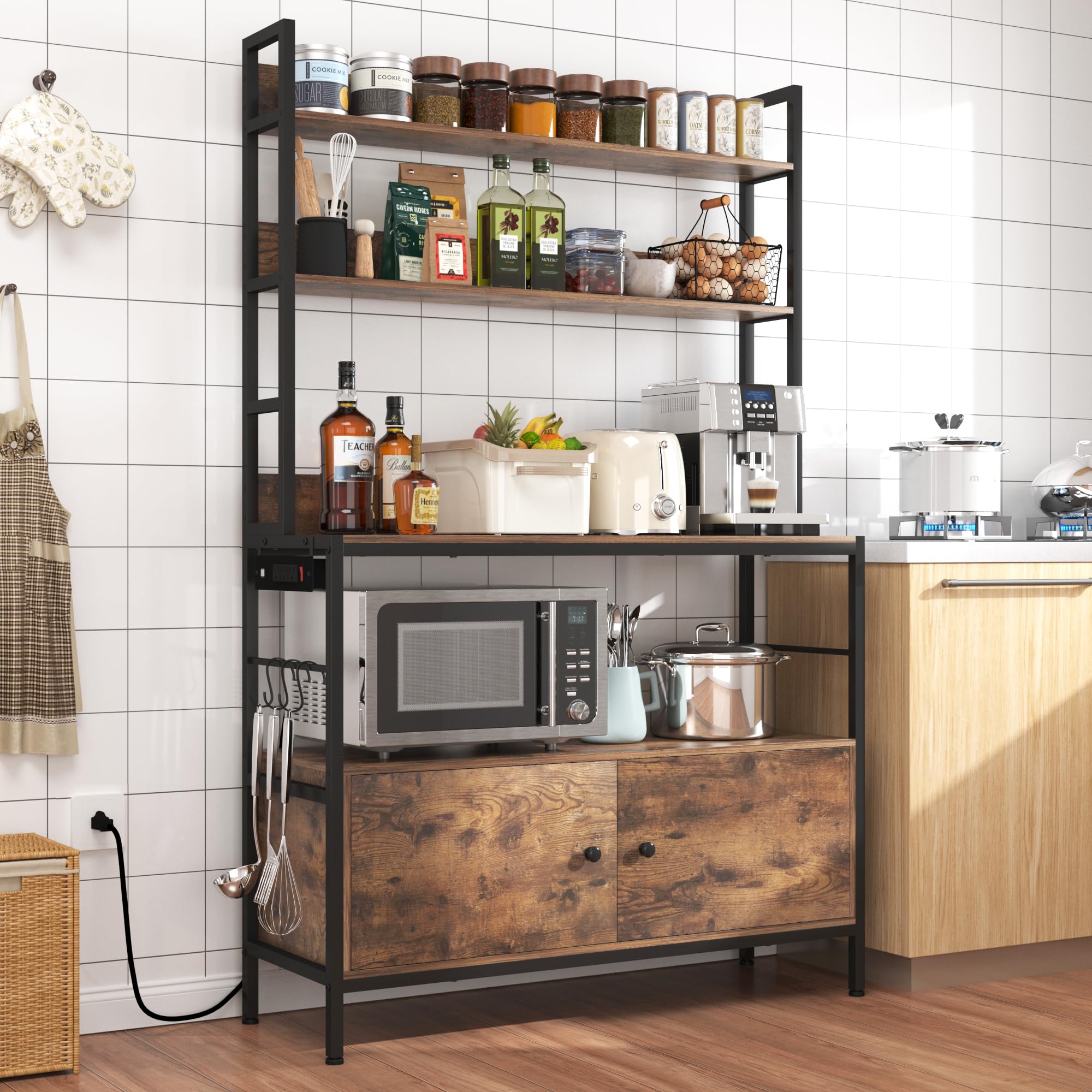 5-Tier Heavy Duty Kitchen Baker’s Rack with Power Outlet & Storage Cabinet - Free Standing Oven Stand, Microwave Shelf & Spice Rack with Hooks - Perfect for Small Kitchens, Pantry Organization & Baking Essentials Storage
