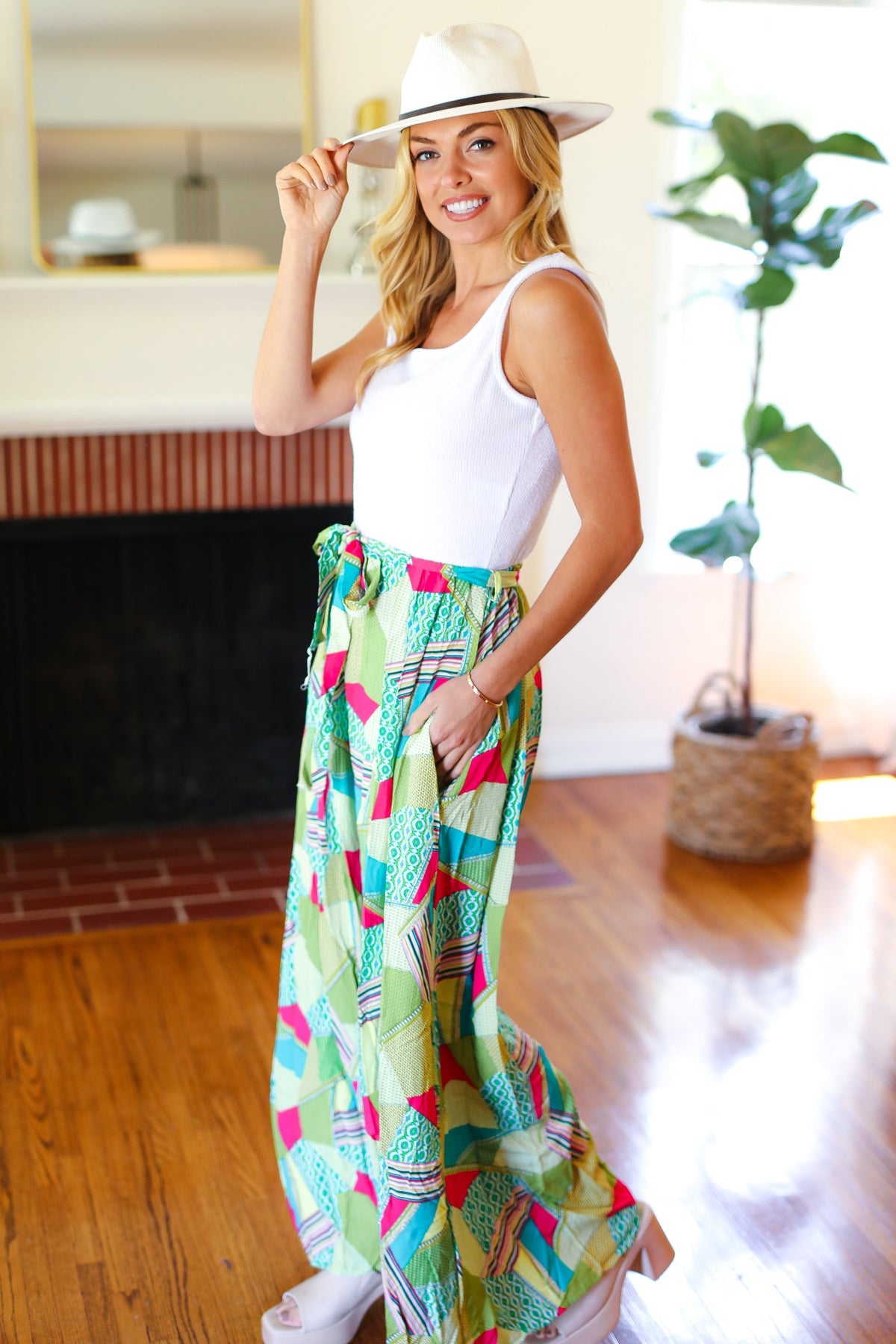 Feeling Couture Ivory & Mint Geo Print Wide Leg Jumpsuit - Women's Fashion Romper for Casual Outings, Beach Vacations & Summer Parties
