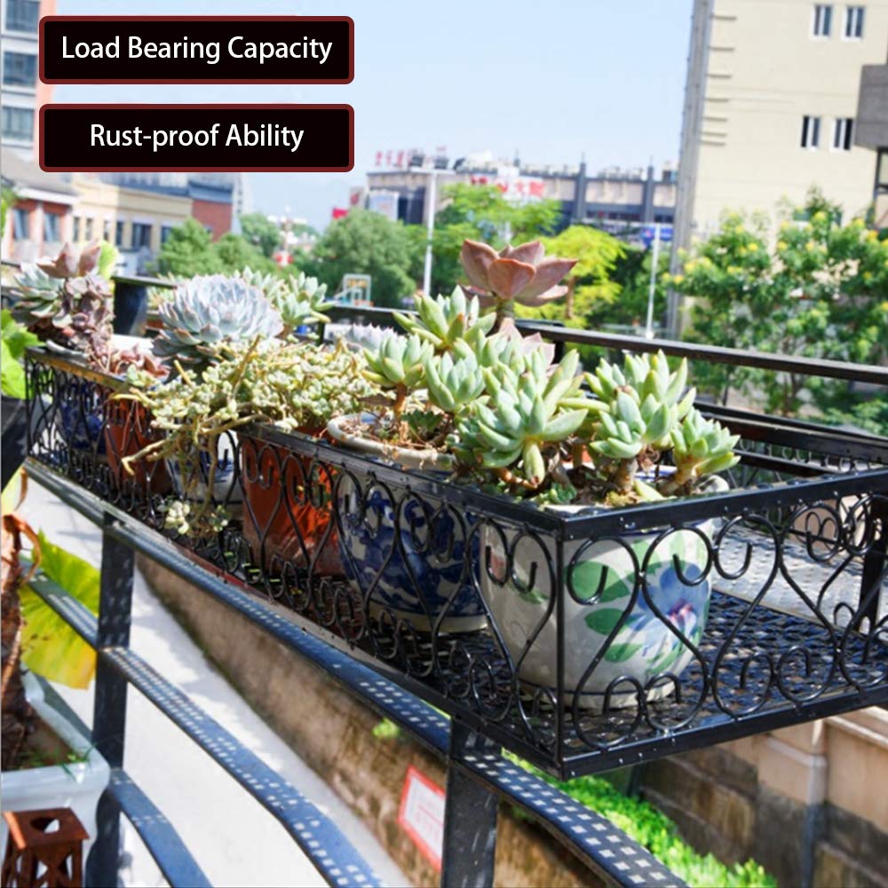 Matybobe Iron Hanging Flower Railing Shelf Basket with Hooks - Balcony Planter Pots Stand Holder for Outdoor Plants - Perfect for Small Space Gardening, Patio Decor & Vertical Garden Organization (1-Tier)