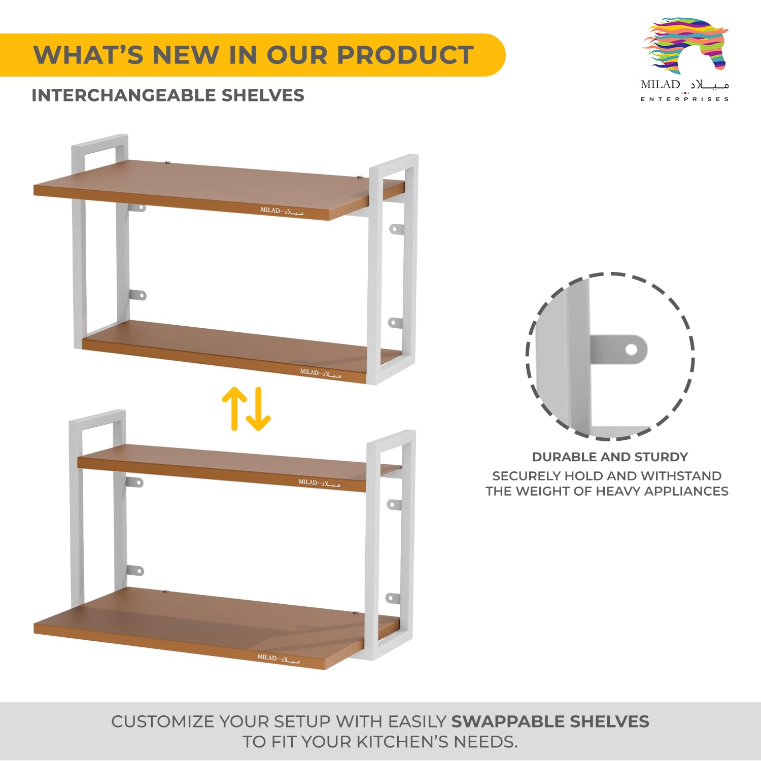 Stainless Steel Wall Mount Microwave Stand & OTG Shelf - Golden & White Kitchen Storage Rack with Spice Organizer (OS-12) - Space Saving Solution for Small Kitchens & Apartments
