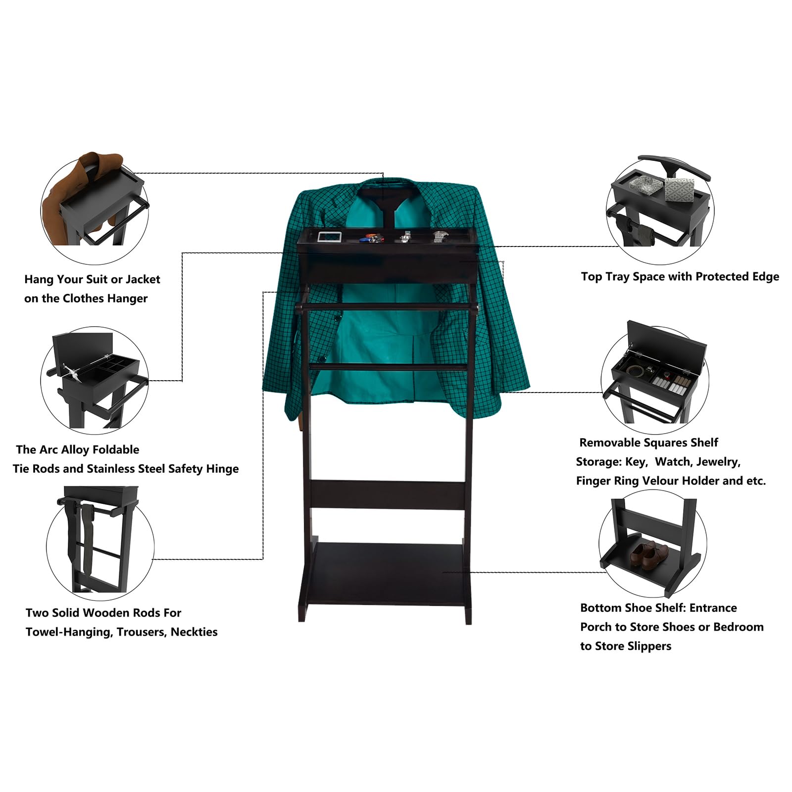 ODUWA Black Valet Stand for Men with Top Tray & Flip-up Storage Compartment - Premium Clothes Organizer for Entryway, Office, Bedroom & Living Room | Perfect for Suits, Jackets, Pants & Accessories