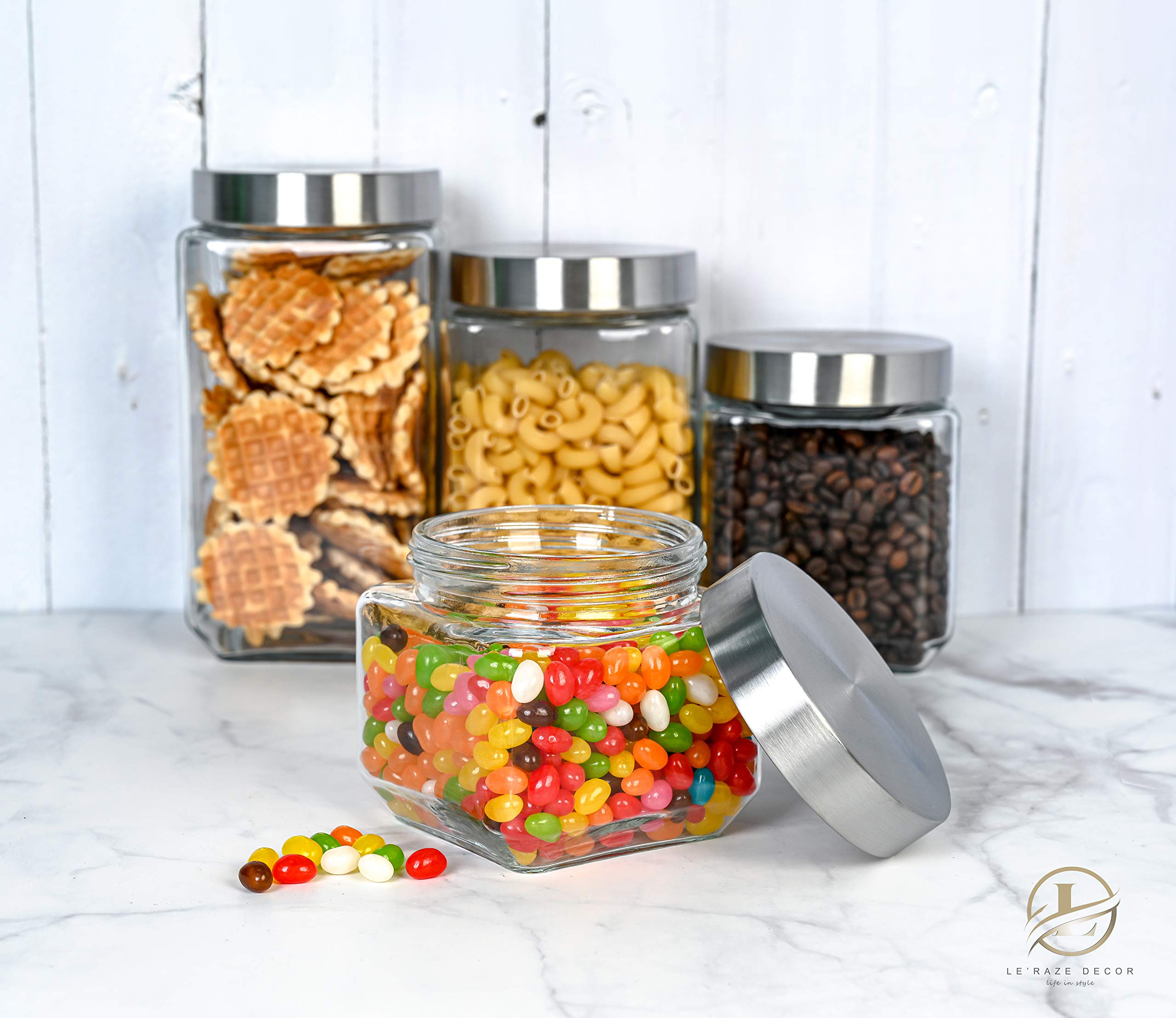 4-Piece Square Glass Cookie Jars with Airtight Lids - Includes Marker & Labels - Kitchen & Pantry Storage Containers for Flour, Sugar, Coffee, Cookies - Perfect for Countertop Organization & Bulk Food Storage - Ideal for Home Baking, Coffee Stations & Bathroom Storage