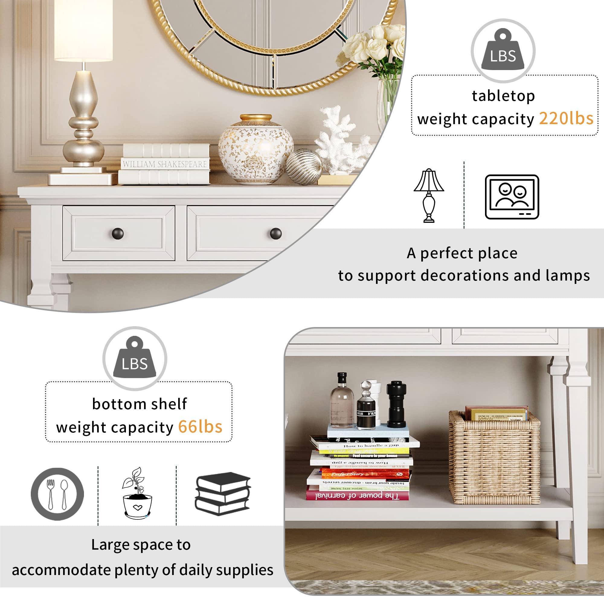 Merax Classic Retro Style Wood Sofa Table Console Table - 3 Drawers & Open Shelf Entryway Table for Living Room, Hallway, Dining Room - Easy Assembly Antique White - Perfect for Home Decor, Small Space Furniture & Entryway Organization