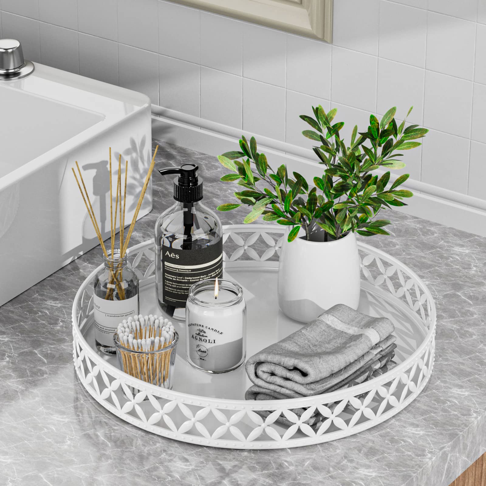 EKNITEY 11 Inch White Bathroom Counter Tray - Decorative Vanity Organizer for Cosmetics, Perfume & Jewelry Storage | Perfect for Bathroom, Bedroom & Dresser Countertop Organization