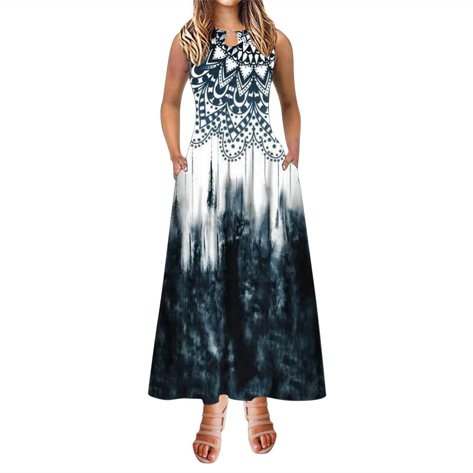 Plus Size Women's Sleeveless A-Line Maxi Dress with Floral Print & Pockets - Red Bell Sleeve Summer Dress for Beach, Party & Casual Wear