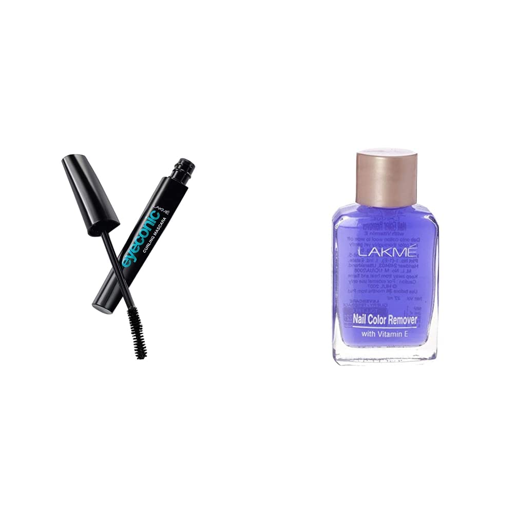 Lakmé Eyeconic Lash Curling Mascara - Black (9ml) & Lakmé Nail Polish Remover (27ml) - Volumizing Mascara for Dramatic Lashes & Gentle Nail Care - Perfect for Everyday Makeup & Manicures