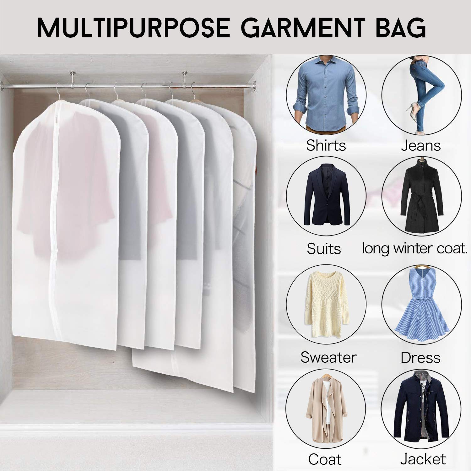 Ruibo 6 Pack Clear Hanging Garment Bags for Closet Storage & Travel - Heavy Duty Full Zipper Dress & Suit Covers - Perfect for Wardrobe Organization, Seasonal Clothing Protection, and Suitcase Packing