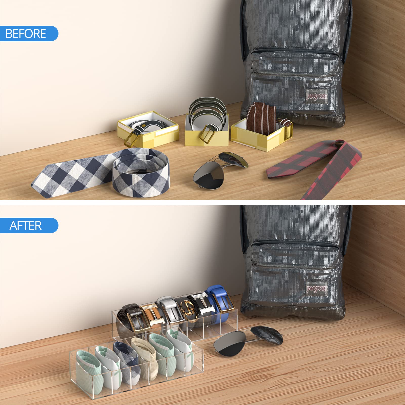 Acrylic Belt Organizer with 6 Compartments - Clear Belt Storage Holder for Closet & Drawer - Perfect for Ties, Bow Ties & Accessories - Ideal for Home, Office & Travel Organization