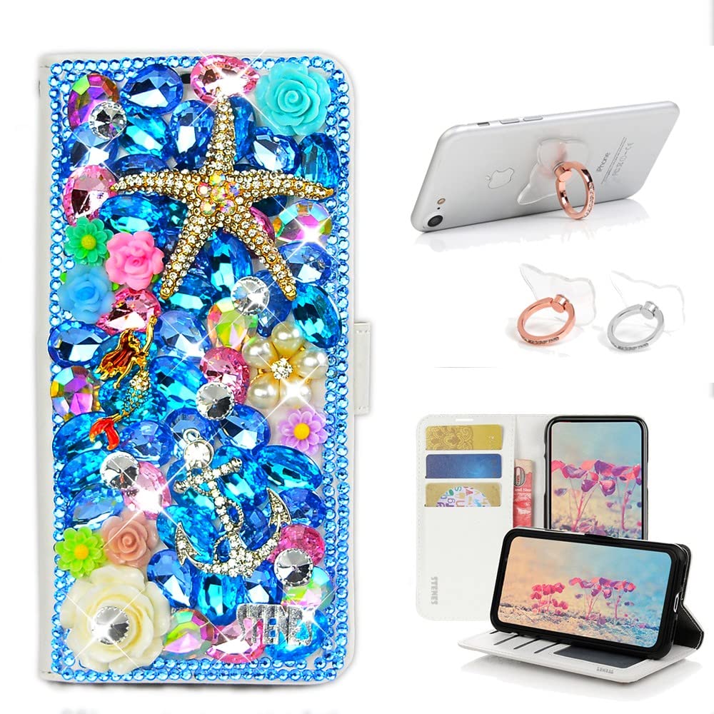 STENES Bling Wallet iPhone 12 Pro Case - 3D Starfish Leather Cover with Ring Stand [2 Pack] for Women's Daily Use