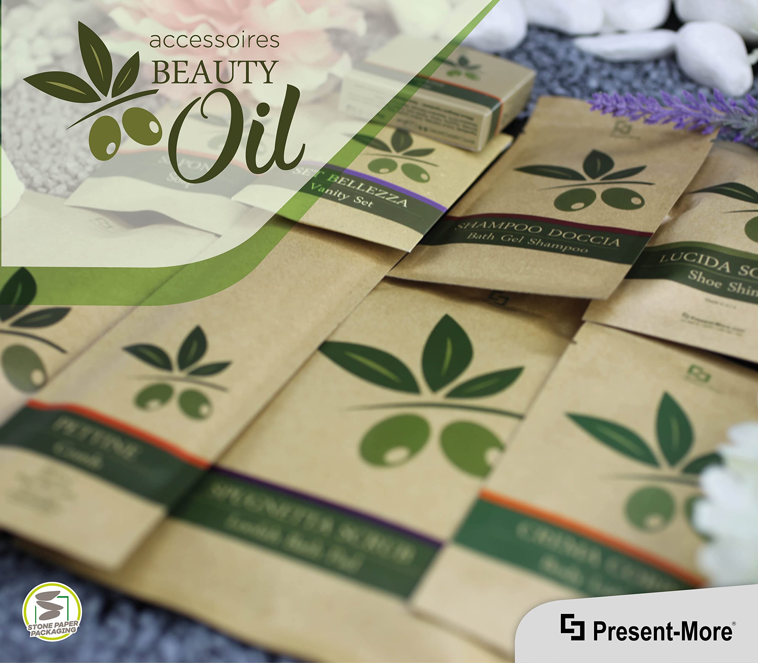 Present-More Luxury Vanity Set - 250 Piece Beauty Kit for Hotels & B&Bs | Eco-Friendly Stone Paper Packaging | Perfect for Travel & Spa Gifts