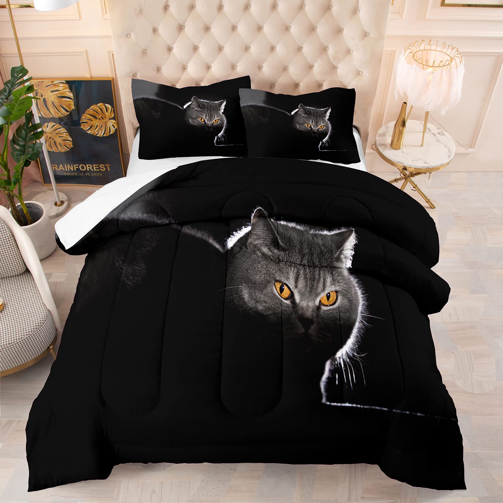 Black Cat Comforter Set - Soft Lightweight Microfiber Queen Size Bedding with 1 Comforter & 2 Pillow Shams - Pet Animal Theme Gift for Boys, Girls & Cat Lovers - Perfect for Kids' Rooms, Dorm Decor & Themed Bedrooms