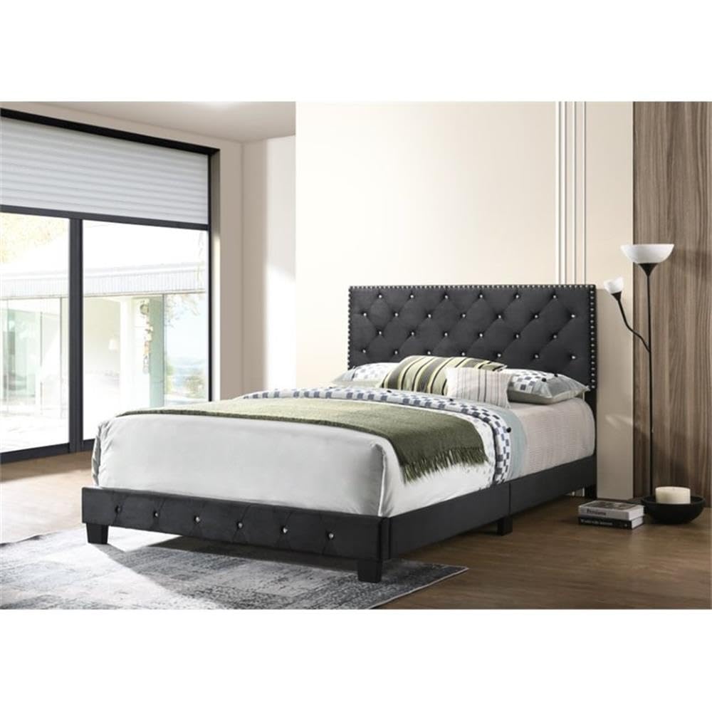 Glory Furniture Suffolk Velvet Upholstered Queen Bed Frame in Black - Luxurious Bedroom Furniture for Modern Home Decor