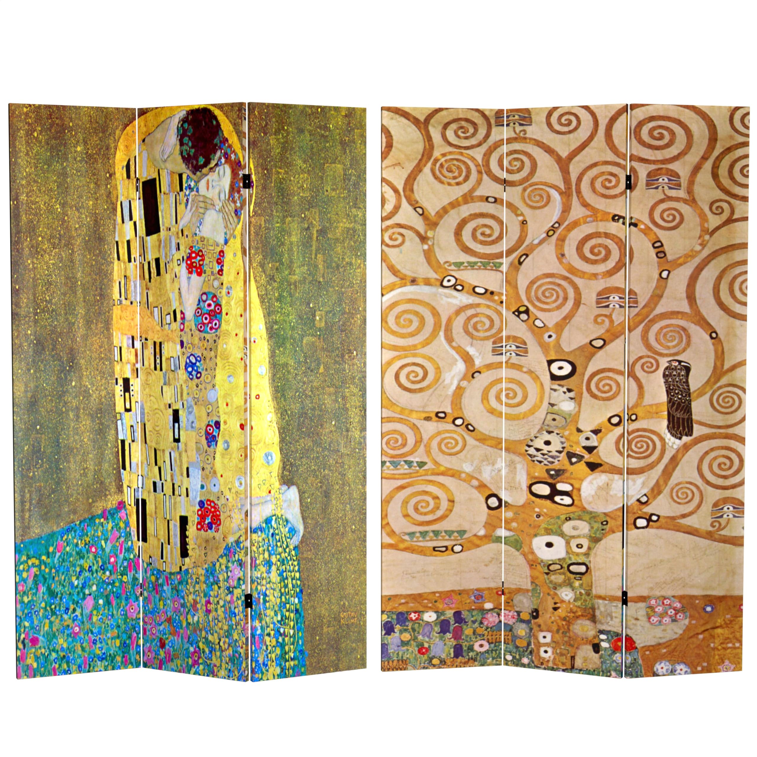 6 ft. Tall Double-Sided Klimt's The Kiss & Tree of Life Red Lantern Room Divider - 71 Inch Height, 3-Panel Wide - Perfect for Home Decor, Office Partition & Asian-Themed Events