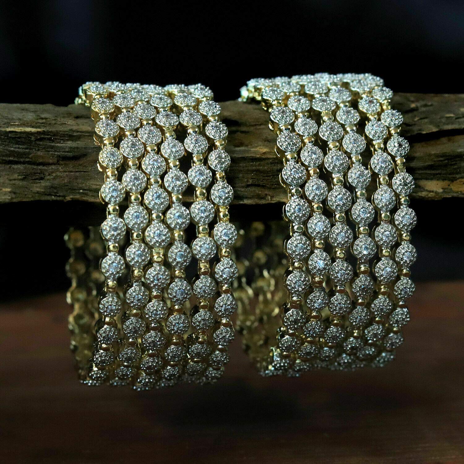 12 Pcs Gold Plated American Diamond Zircon Bangle Bracelets Set for Women - Traditional Indian Bollywood Bridal Wedding Jewelry - Perfect for Weddings, Parties & Special Occasions