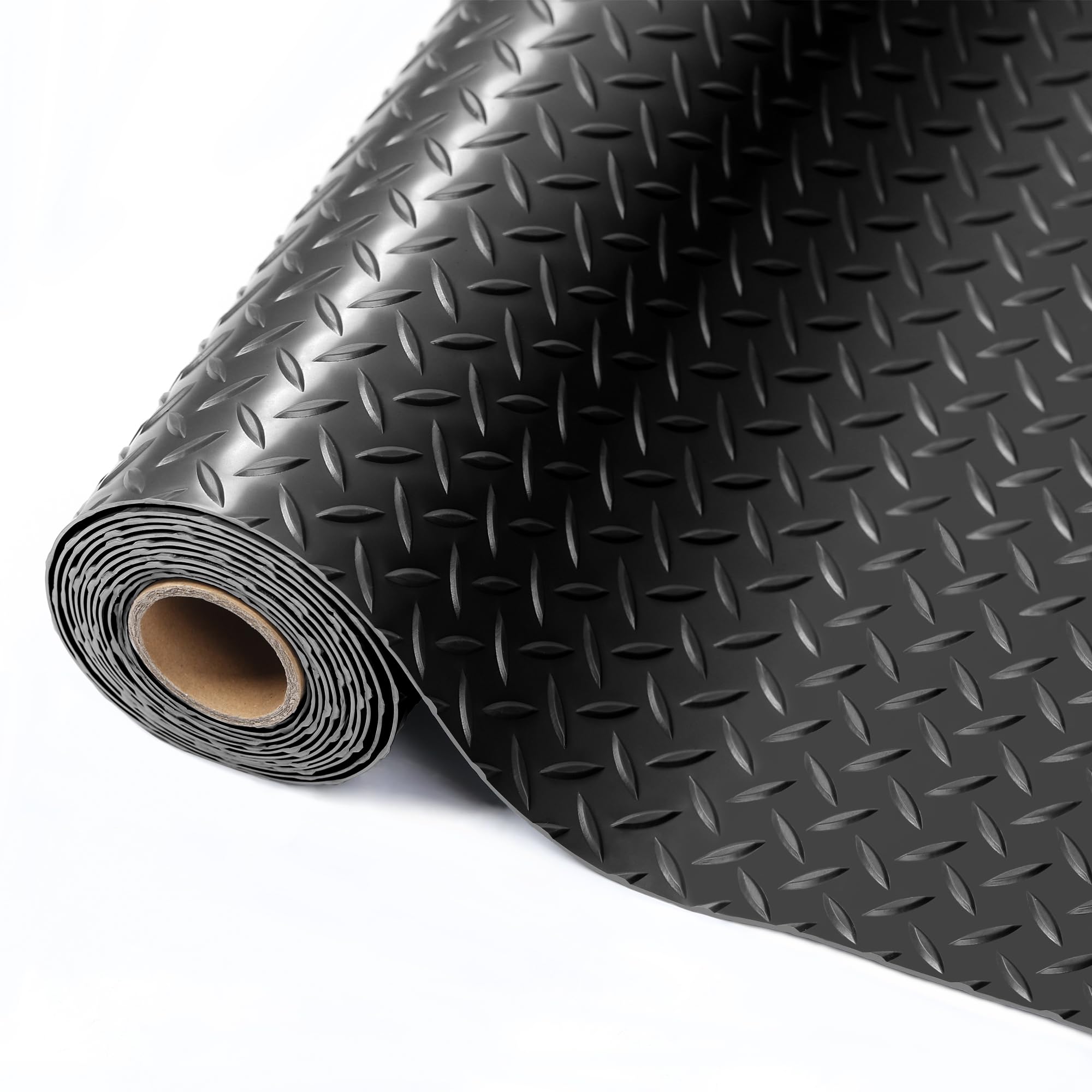 7.5 x 17 FT Heavy Duty PVC Garage Floor Mat Roll - Diamond Plate Pattern, 2.4mm Thickness, Waterproof Parking Mat for Garage, Workshop & Driveway Protection - Black