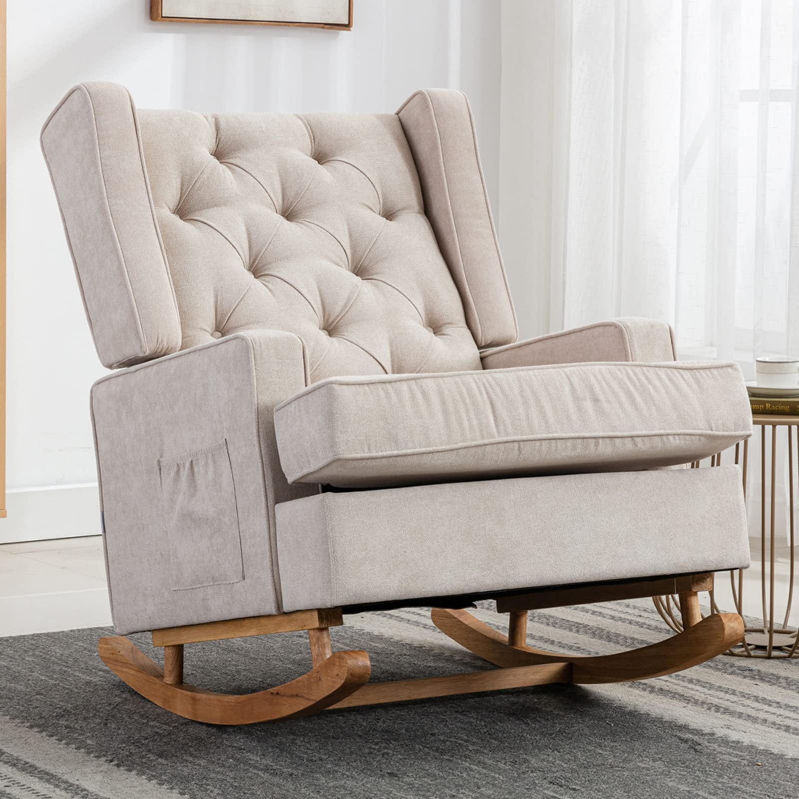 NIOIIKIT Upholstered Nursery Rocking Chair - High Back Glider Rocker with Linen Padded Seat, Comfortable Armchair for Living Room, Bedroom & Office (Beige) - Perfect for Nursing, Reading & Relaxing